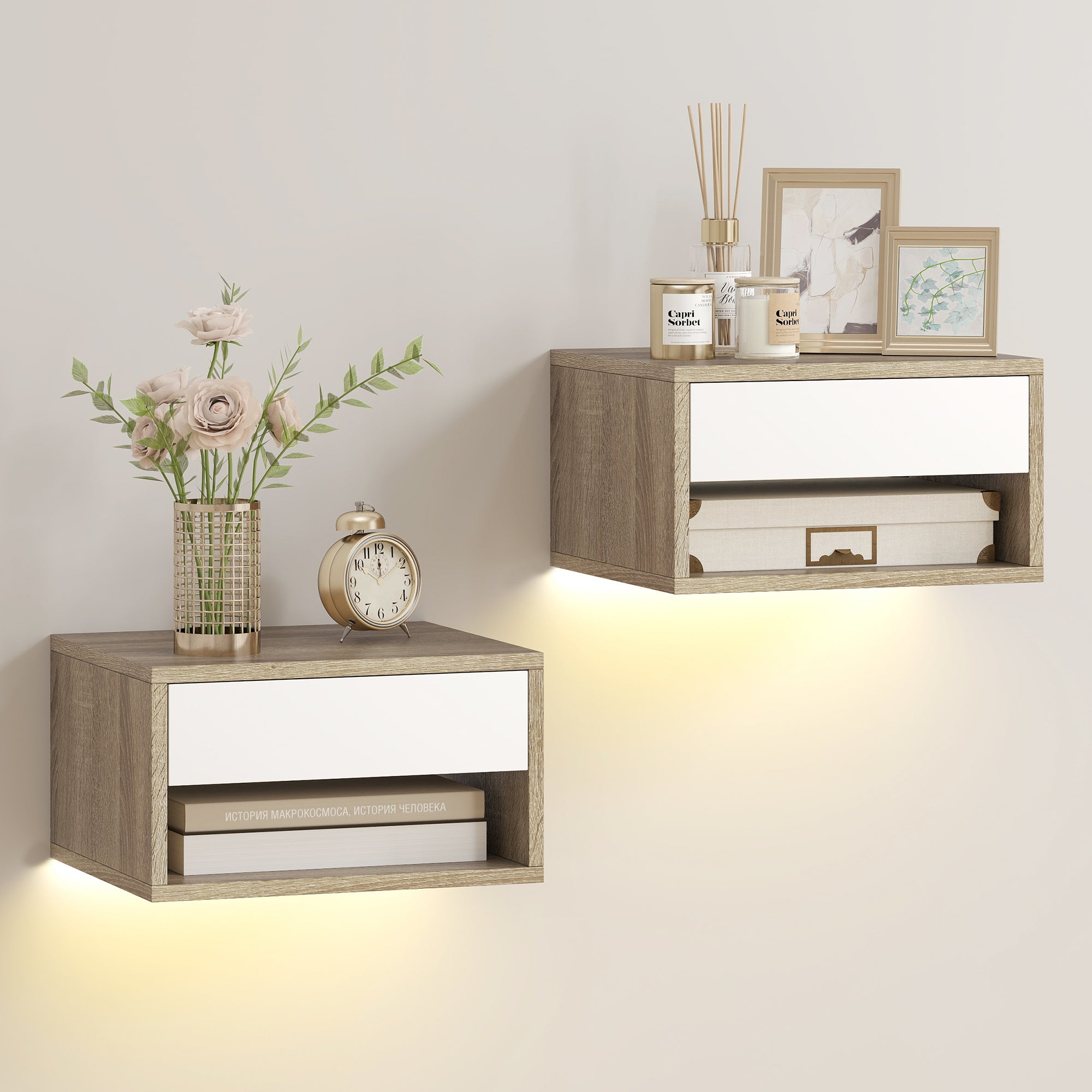 Zestaw 2 wiszących stolików nocnych z oświetleniem LED RGB sterowanym aplikacją, półką i szufladą, 37x32x21 cm, drewno tekowe