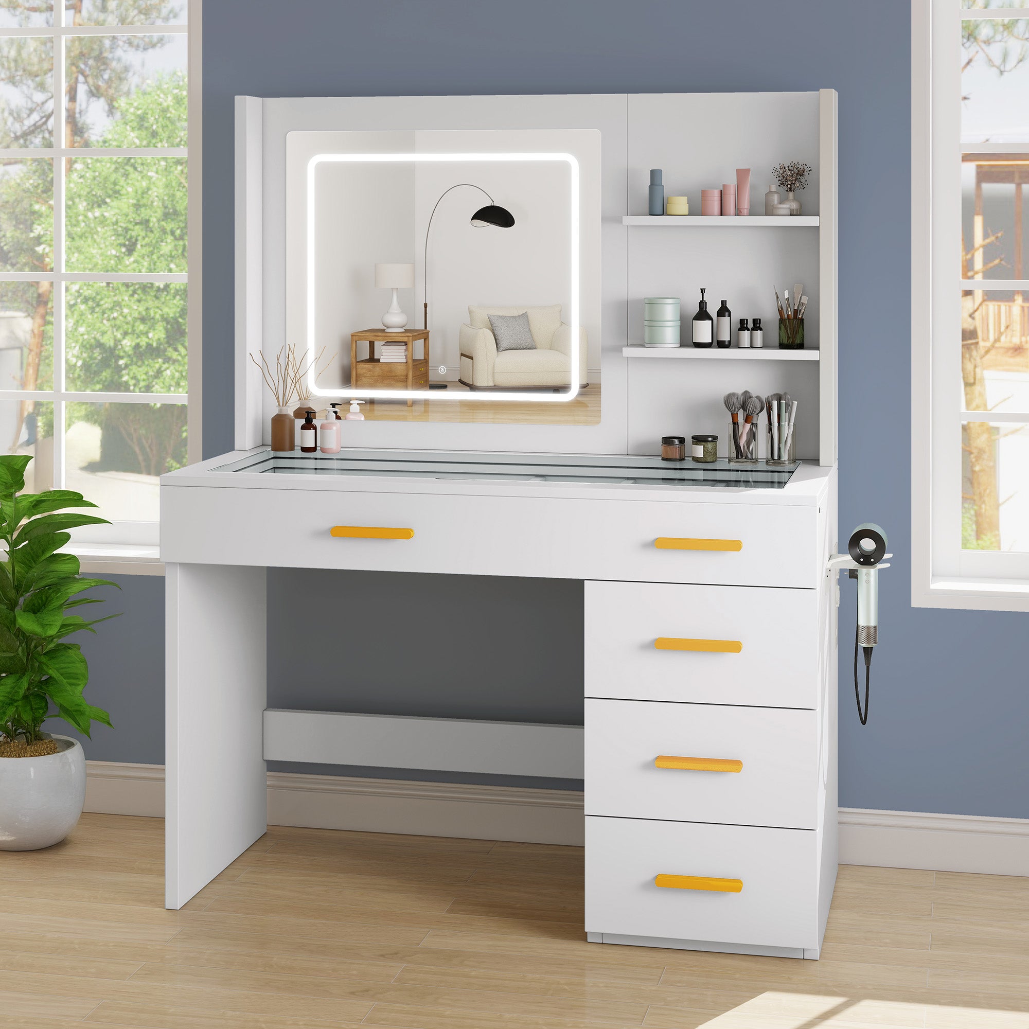 Toaletka YITAHOME z regulowanym lustrem LED, gniazdkiem EU, 5 szufladami, wymiary 111 x 12,8 x 47,5 cm, biała, styl nowoczesny