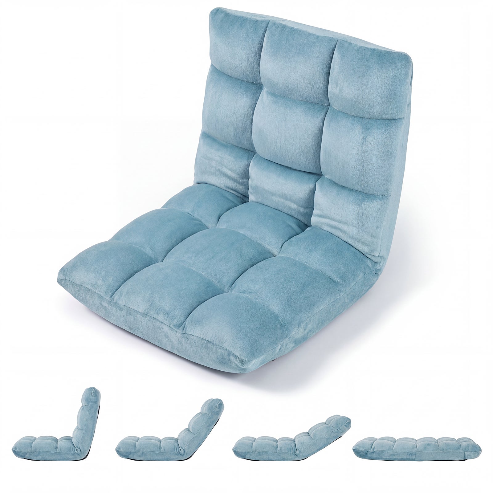 Składany flanelowy fotel podłogowy, rozkładana sofa tatami z 14-stopniową regulacją oparcia, zielony, 66,5 x 53 x 53 cm