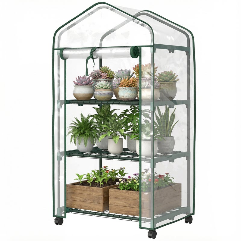 Miniaturowa szklarnia ogrodowa z 3 półkami, poszyciem z grubego PCV, drzwiami zwijanymi, 4 kółkami, 69 x 49 x 130 cm, przezroczysta