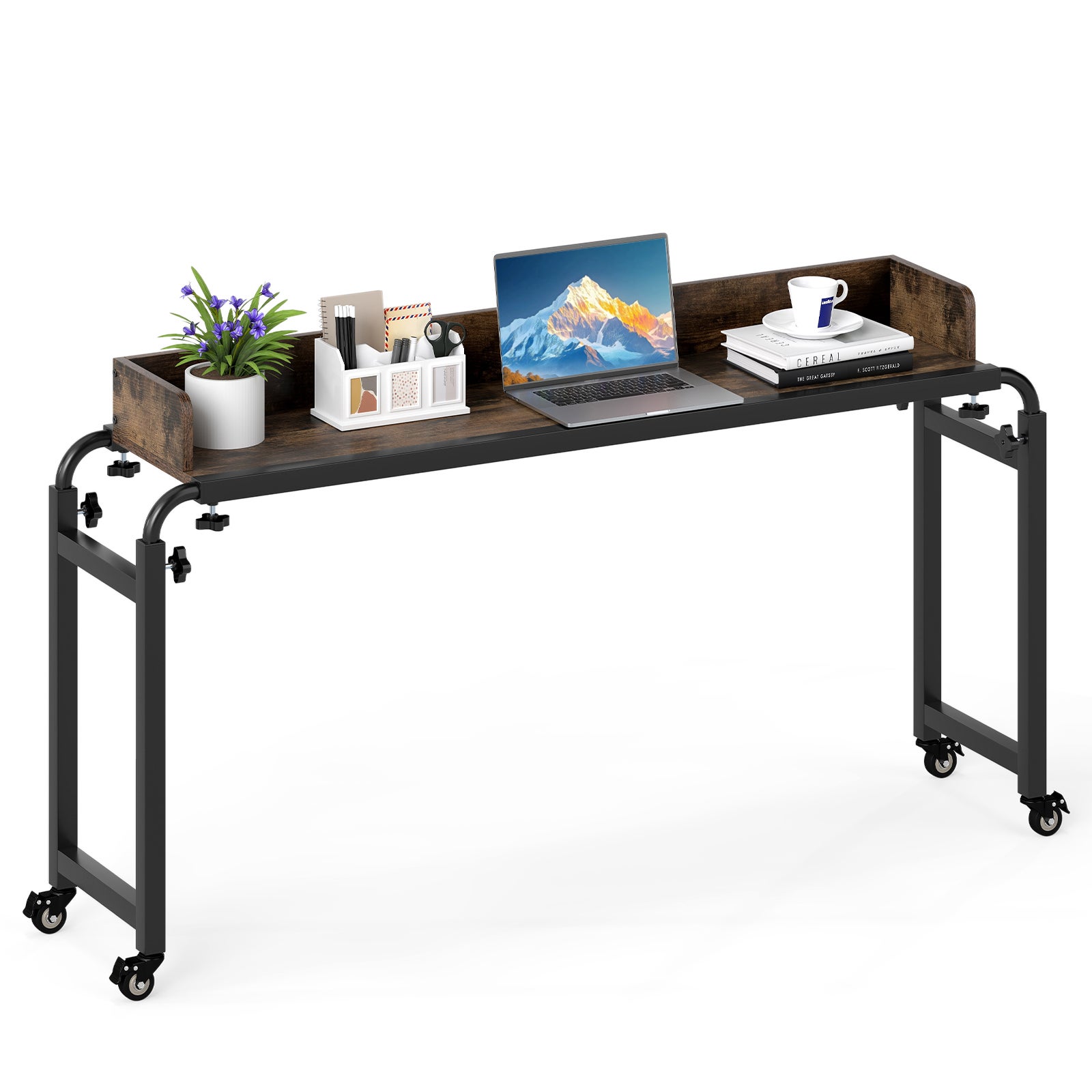 Stolik do łóżka na kółkach, stolik na posiłki, biurko do laptopa z regulowaną wysokością 73,5–102,5 cm, do łóżka pojedynczego/podwójnego, do szpitala