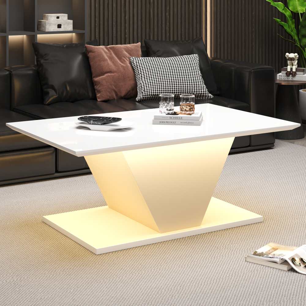 Stolik kawowy LED w kształcie litery V 100x50x46 cm, nowoczesny stolik do salonu, kompaktowy biały stolik boczny