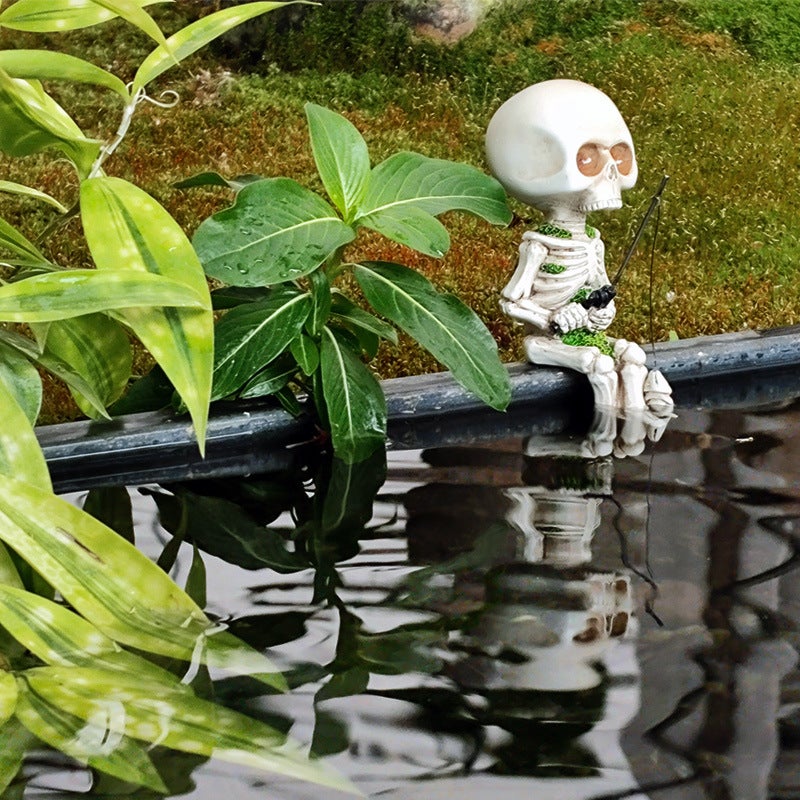 Rzeźba szkieletonu rybaka, dekoracja Halloween, 11,4 cm, urocza rzeźba siedzącego szkieletu, rzeźba z żywicy, idealna do ogrodu, na podwórko,
