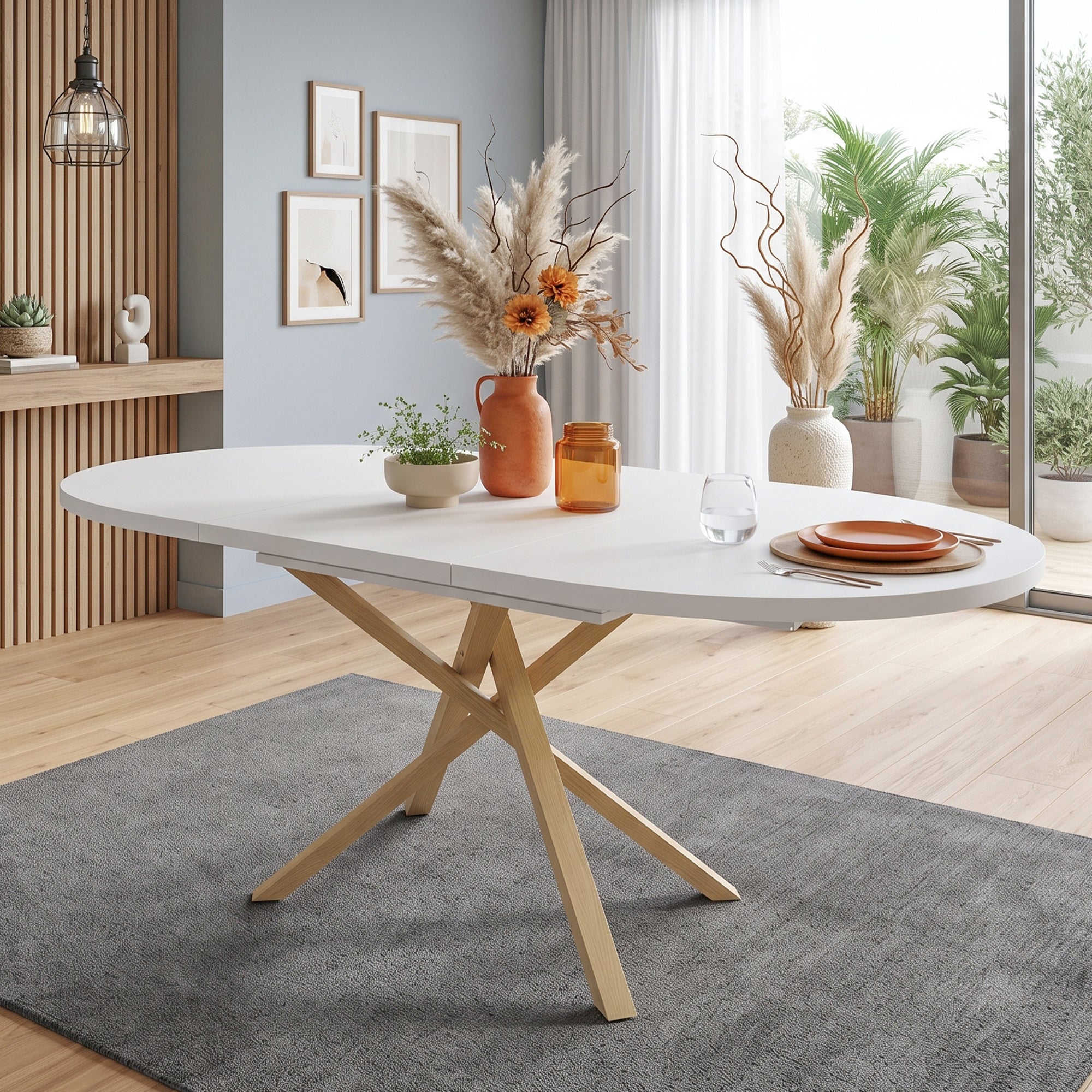 Okrągły/owalny stół jadalny dla 4-6 osób ze skrzyżowanymi nogami i blatem imitującym drewno - MDF - 100/140 x 100 x 76 cm - biały i drewniany