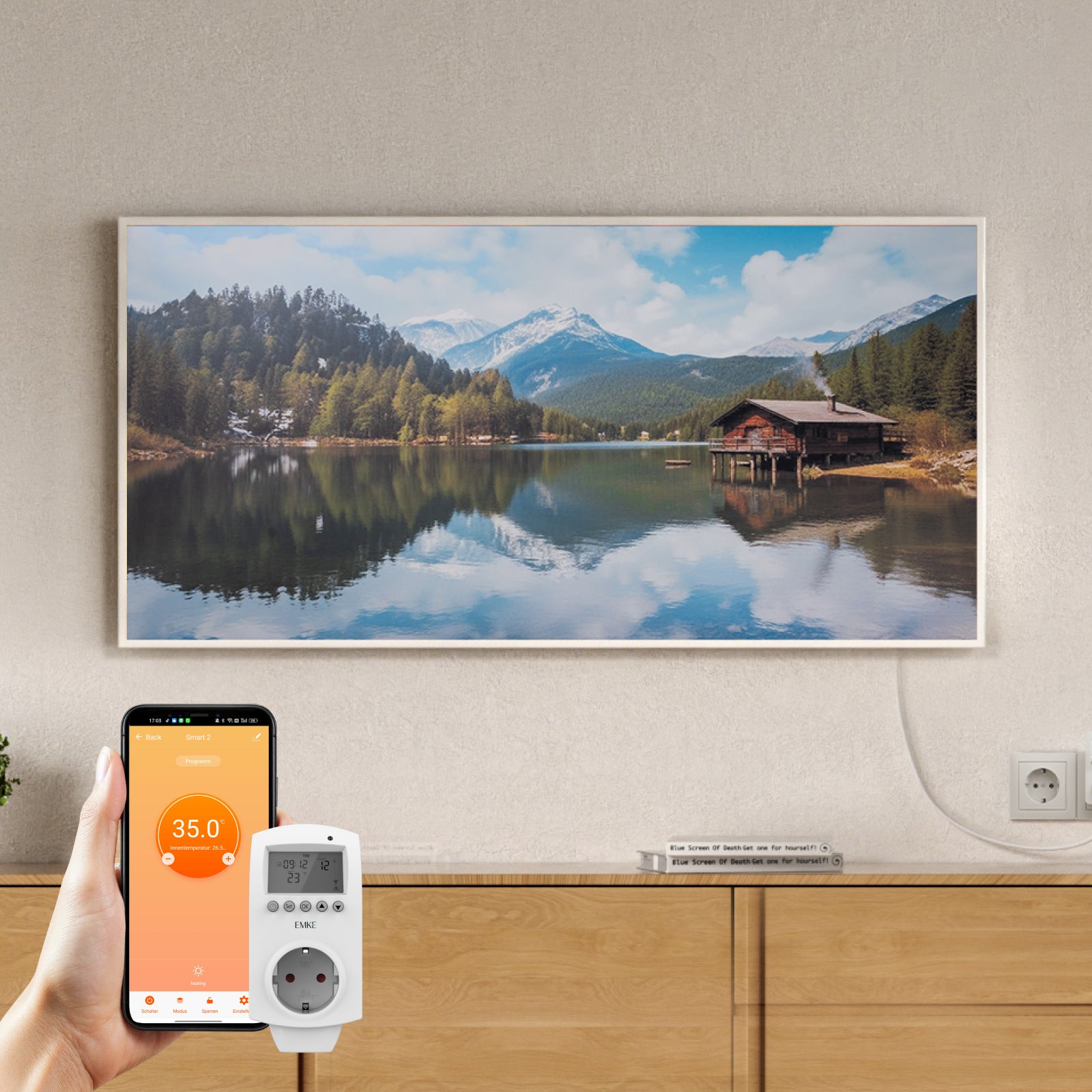 EMKE Grzejnik na podczerwień z grafiką 1200 W, programowalny termostat Wi-Fi, 119,5 x 59,5 cm, biała aluminiowa rama