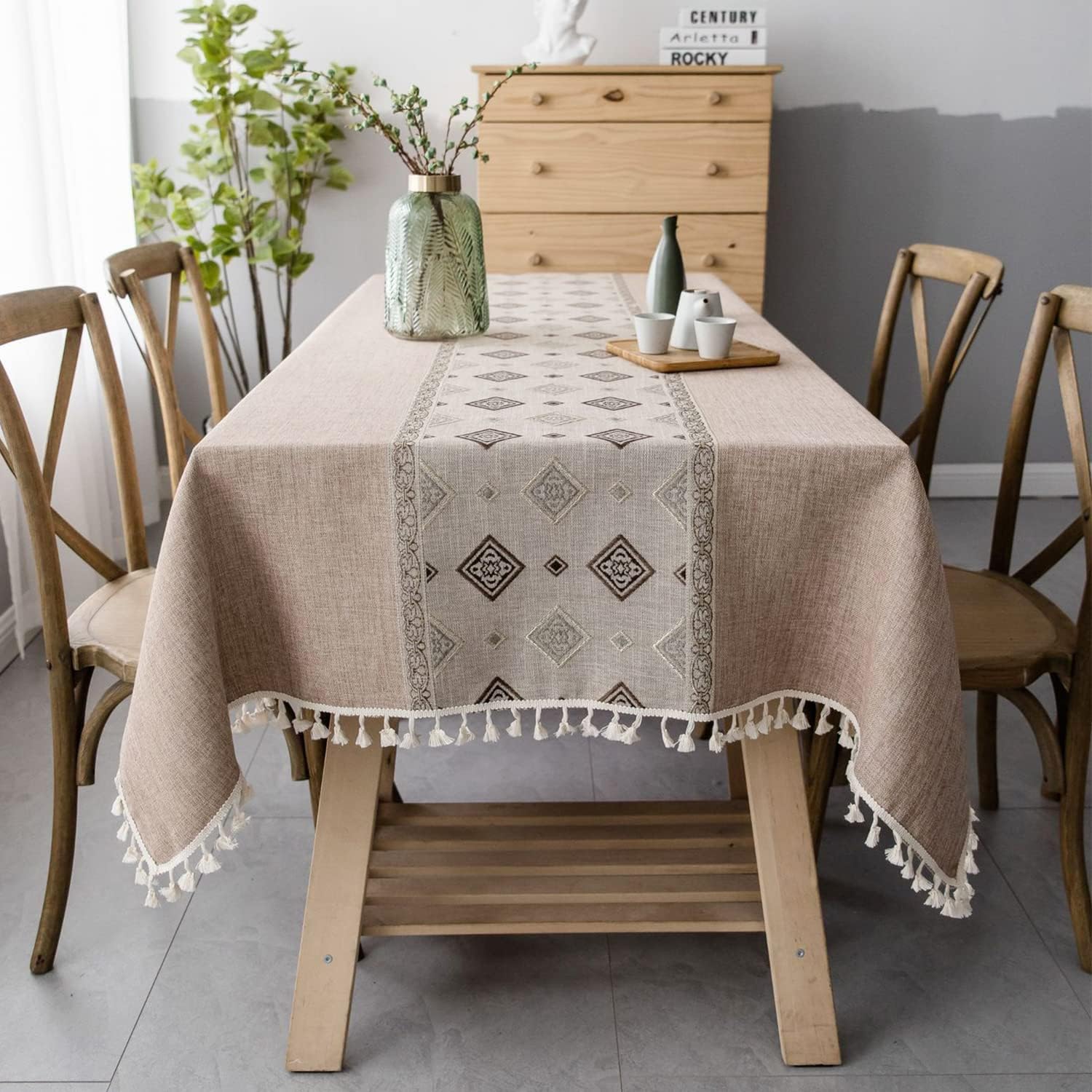 Odporny na plamy prostokątny obrus (brązowy kwadrat, 140 x 220 cm) Obrus lniano-bawełniany, haftowany obrus, eleganckie obrusy z nadrukiem w stylu chi