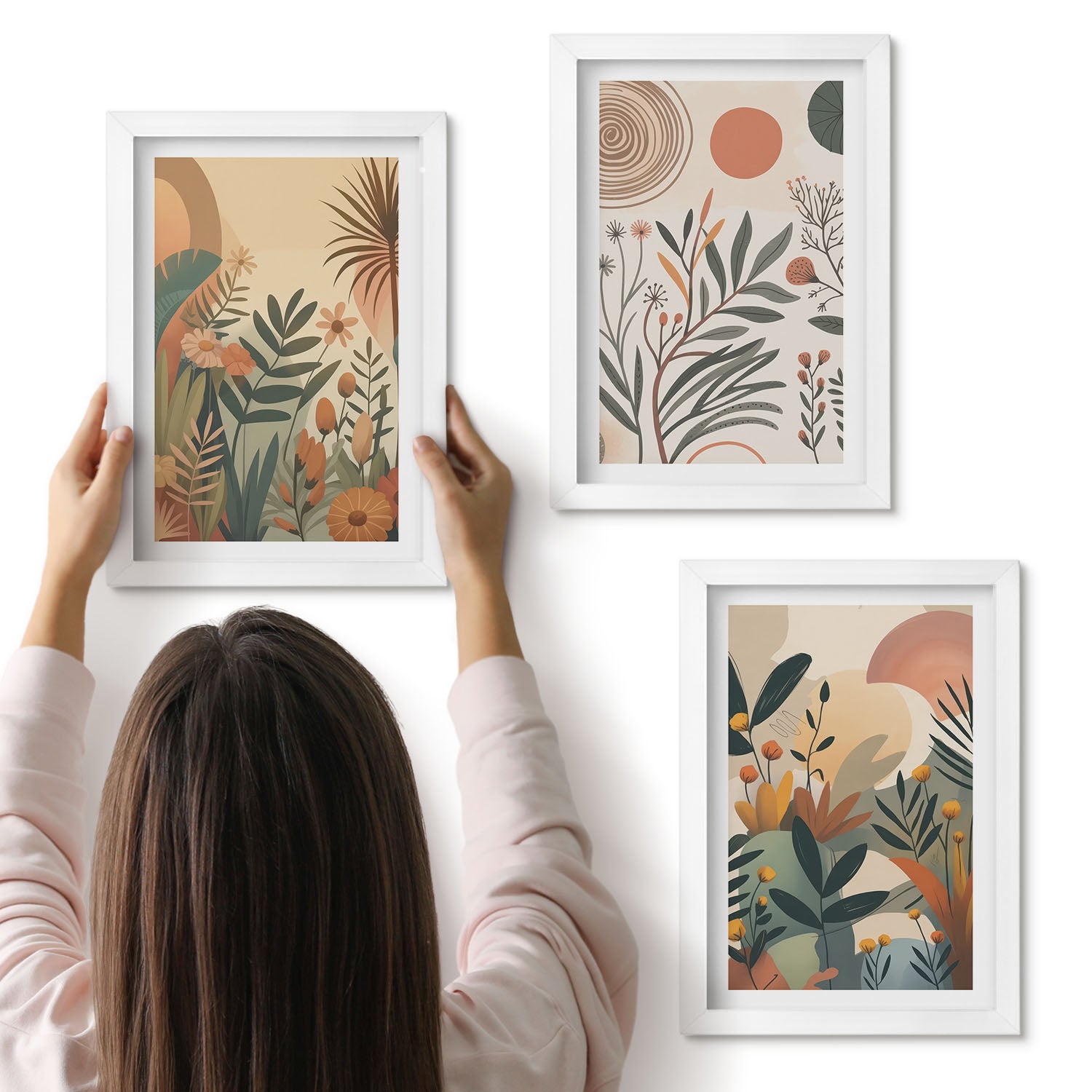 Galeria ścienna 3-częściowy komplet obrazów w białych ramach - Roślinne motywy w stonowanych kolorach z okręgami - ArtPrintCave