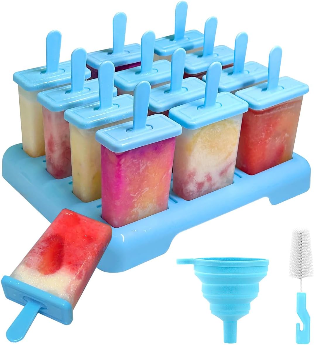 Zestaw 12 wielorazowych foremek na lody dla dzieci bez BPA – foremki do lodów DIY ze szczoteczką do czyszczenia i składanym lejkiem silikonowym