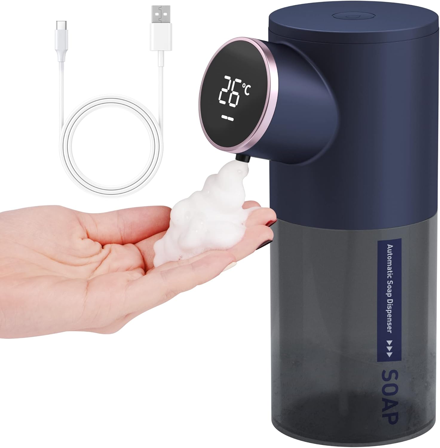 Automatyczny dozownik mydła, dozownik mydła w pianie o pojemności 320 ml, ładowany przez USB, wodoodporny IPX4, z czujnikiem podczerwieni