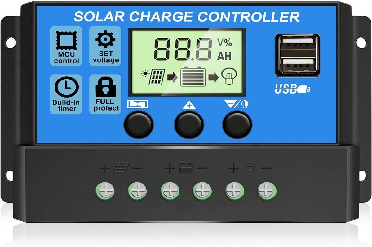 Regulator ładowania słonecznego 30 A, regulator panelowy 12 V/24 V, z regulowanym ekranem LCD, dwoma portami USB, ustawieniami timera