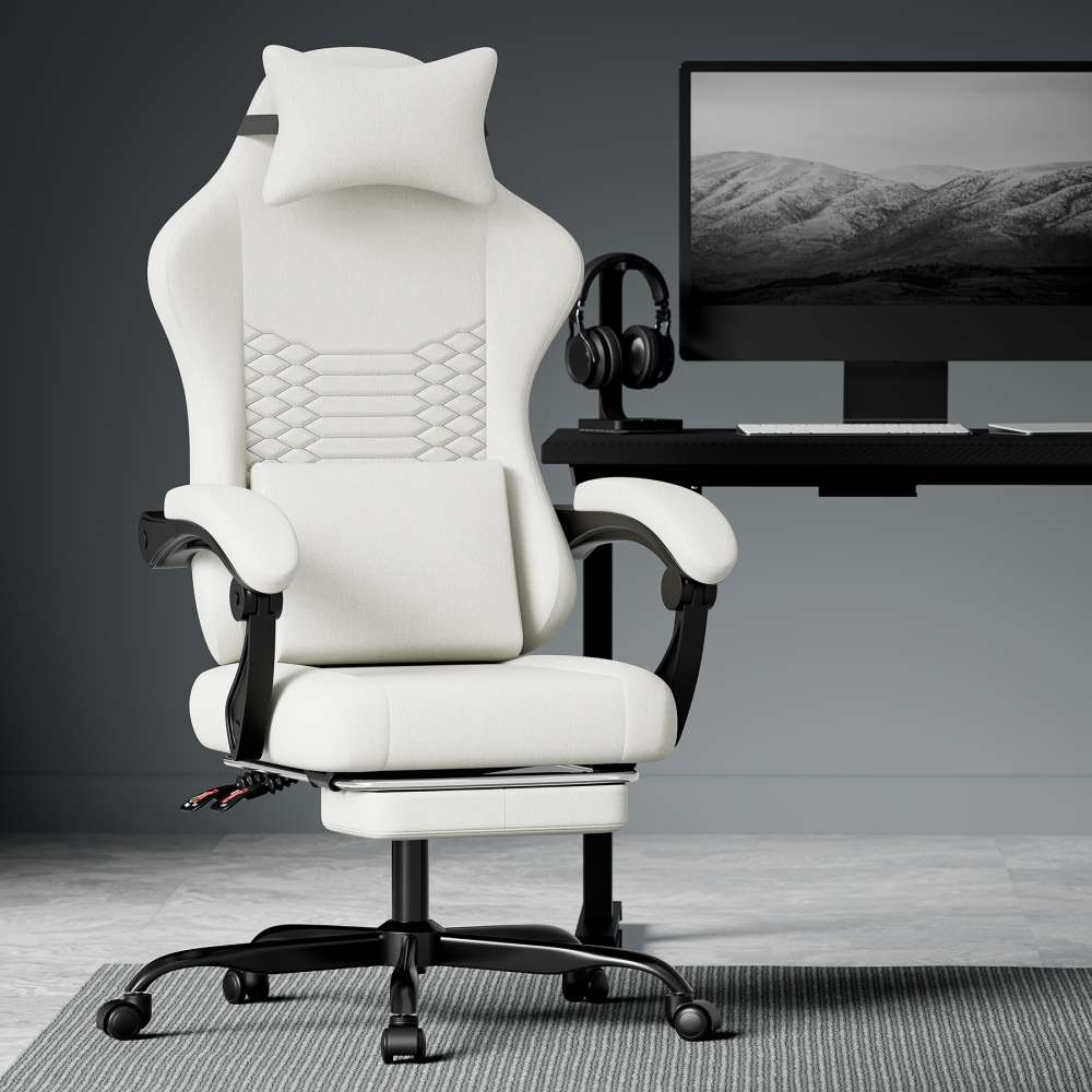 Fotel gamingowy materiałowy krzesło biurowe ergonomiczny z masażem zagłówek podnóżek regulacja wysokości fotel gaming racing biały premium komfort