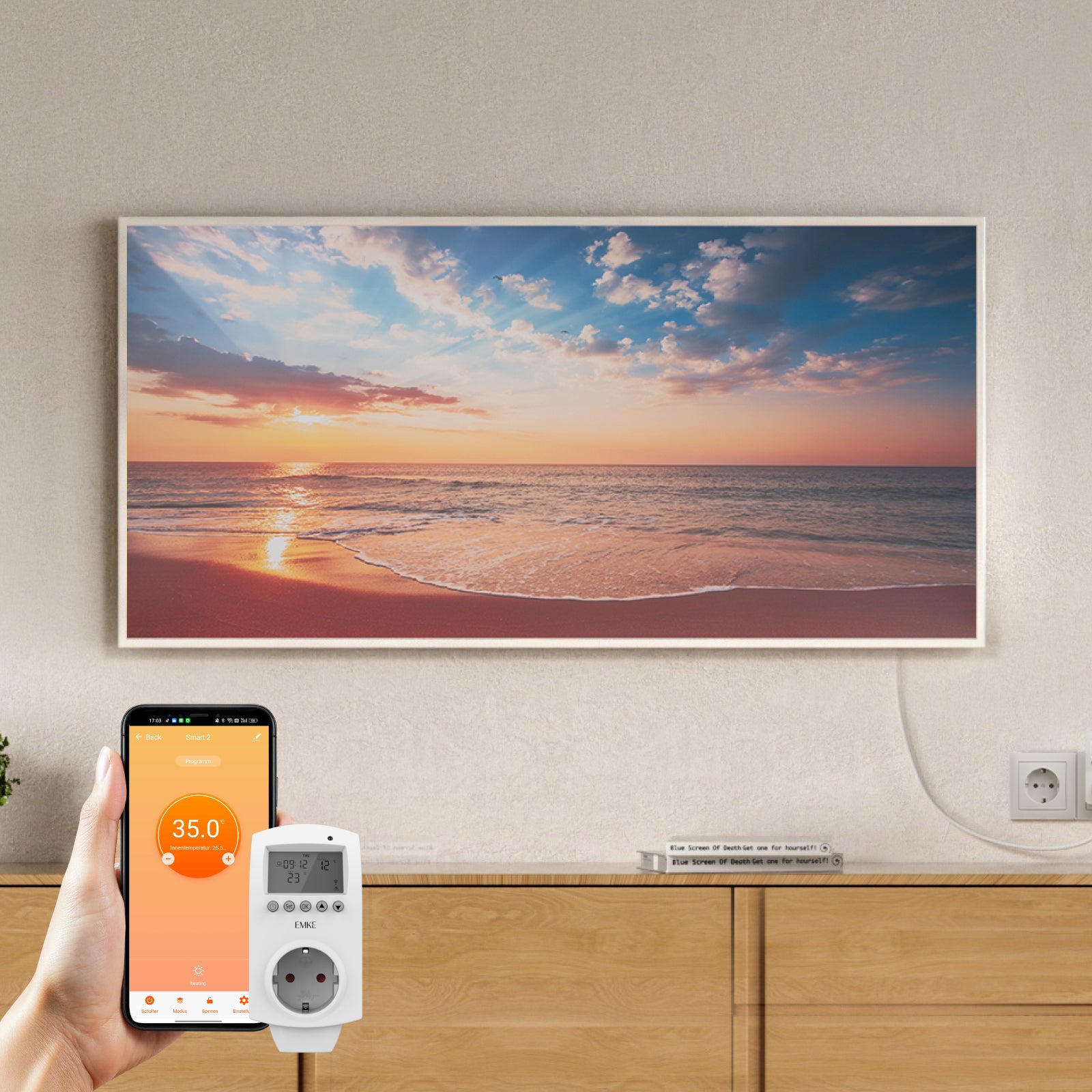 EMKE Grzejnik na podczerwień z grafiką 1200 W, programowalny termostat Wi-Fi, 119,5 x 59,5 cm, biała aluminiowa rama
