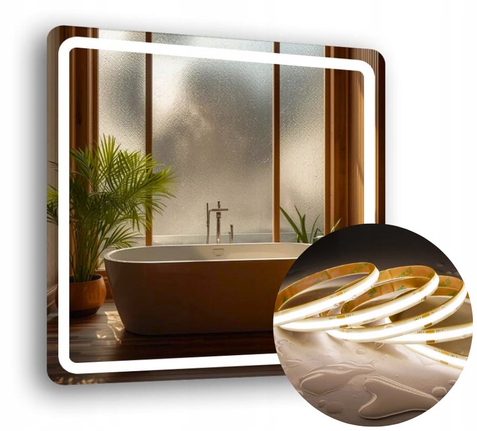 Lustro Led Zaokrąglone Rogi 70x70 Cm Podświetlane Piaskowane + Cob 480 Diod