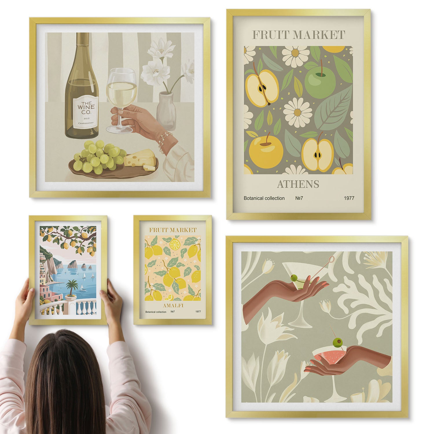 Galeria ścienna 5-częściowy komplet obrazów w złotych ramach - Klimatyczne ilustracje owocowe i botaniczne z lat 70-tych - ArtPrintCave