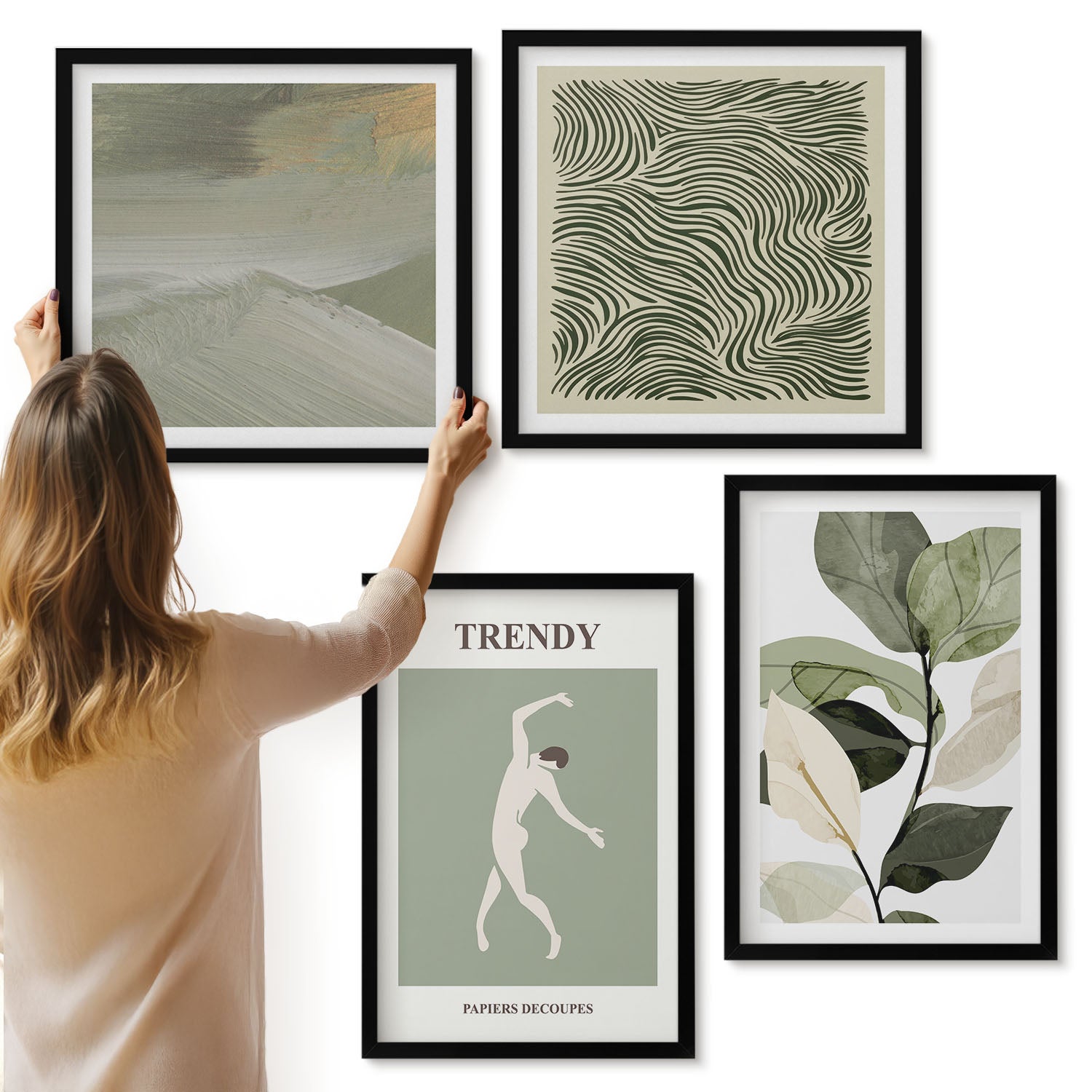 Galeria ścienna 4-częściowy komplet obrazów w czarnych ramach - Roślinne wzory z sylwetką i abstrakcyjnymi formami - ArtPrintCave