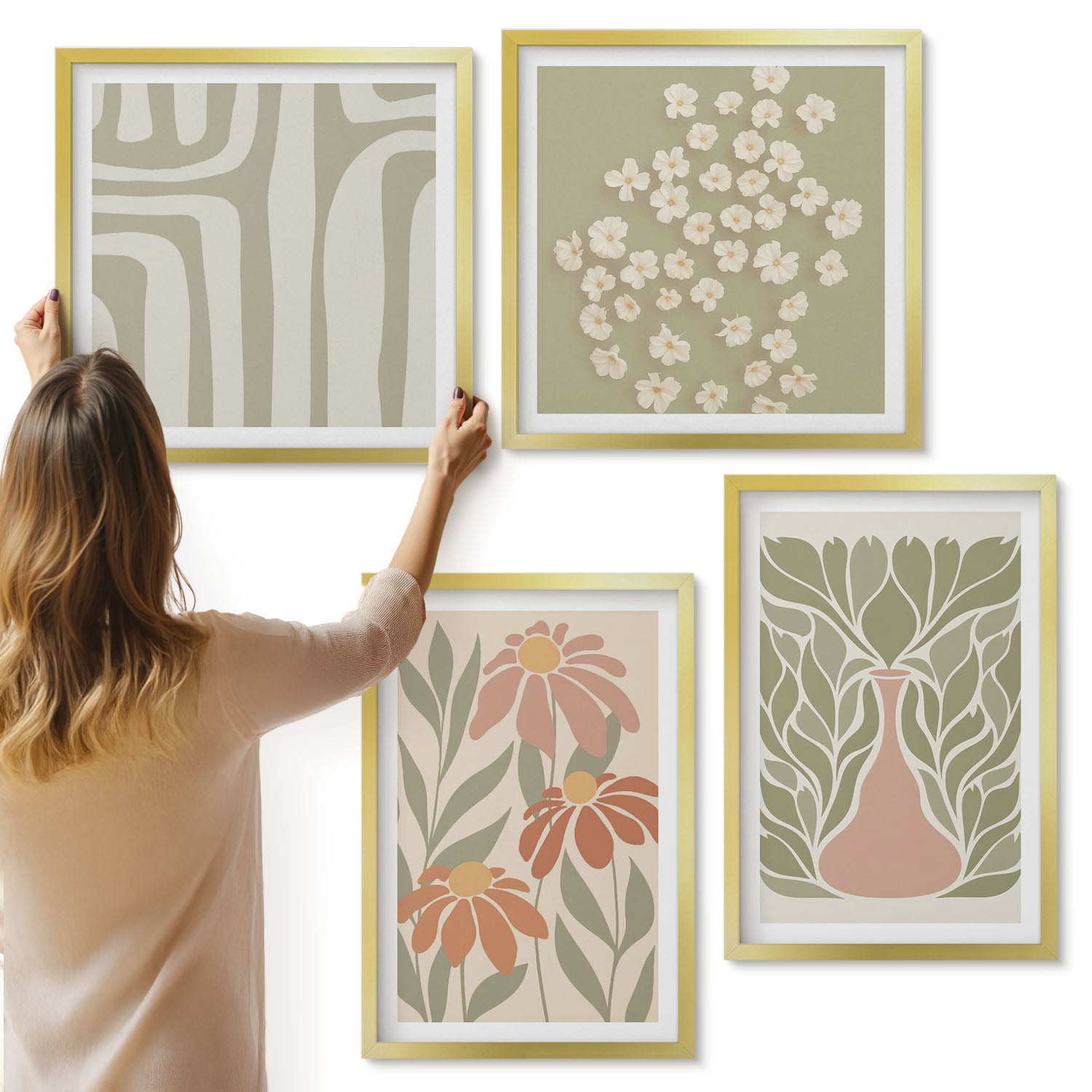 Galeria ścienna 4-częściowy komplet obrazów w złotych ramach - Kwiatowe motywy minimalistyczne wzory styl boho - ArtPrintCave