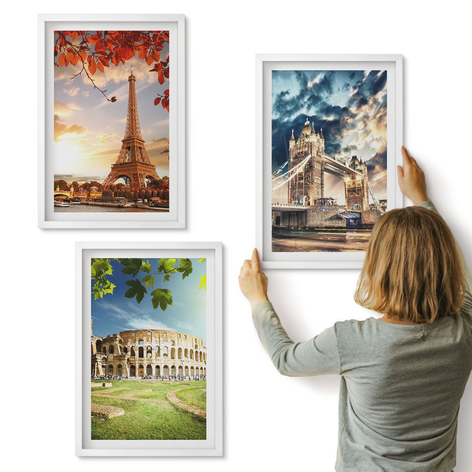 Galeria ścienna 3-częściowy komplet obrazów w białych ramach - Zabytki Europy w ciepłych kolorach krajobrazu - ArtPrintCave