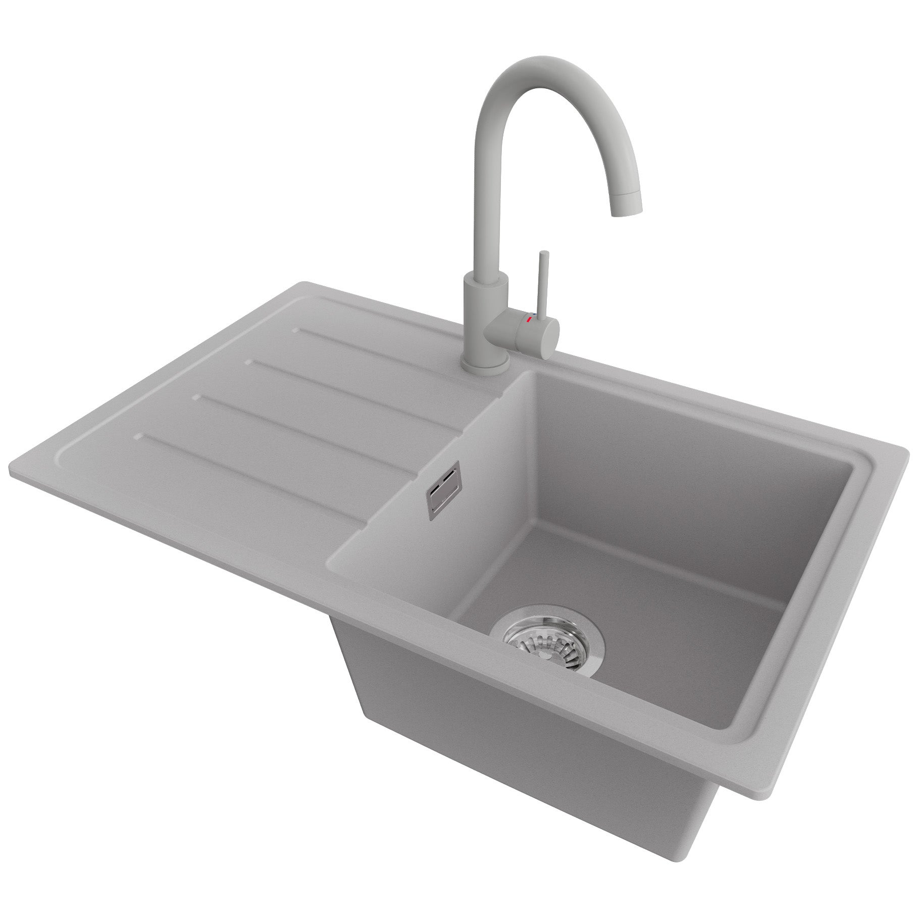 Zlewozmywak Granitowy Szary 70x44cm, Zlew Kuchenny 1 Komorowy + Bateria 32x20cm + Syfon, Nablatowy do szafki od 45cm - Kopenhaga Easy PRIMAGRAN