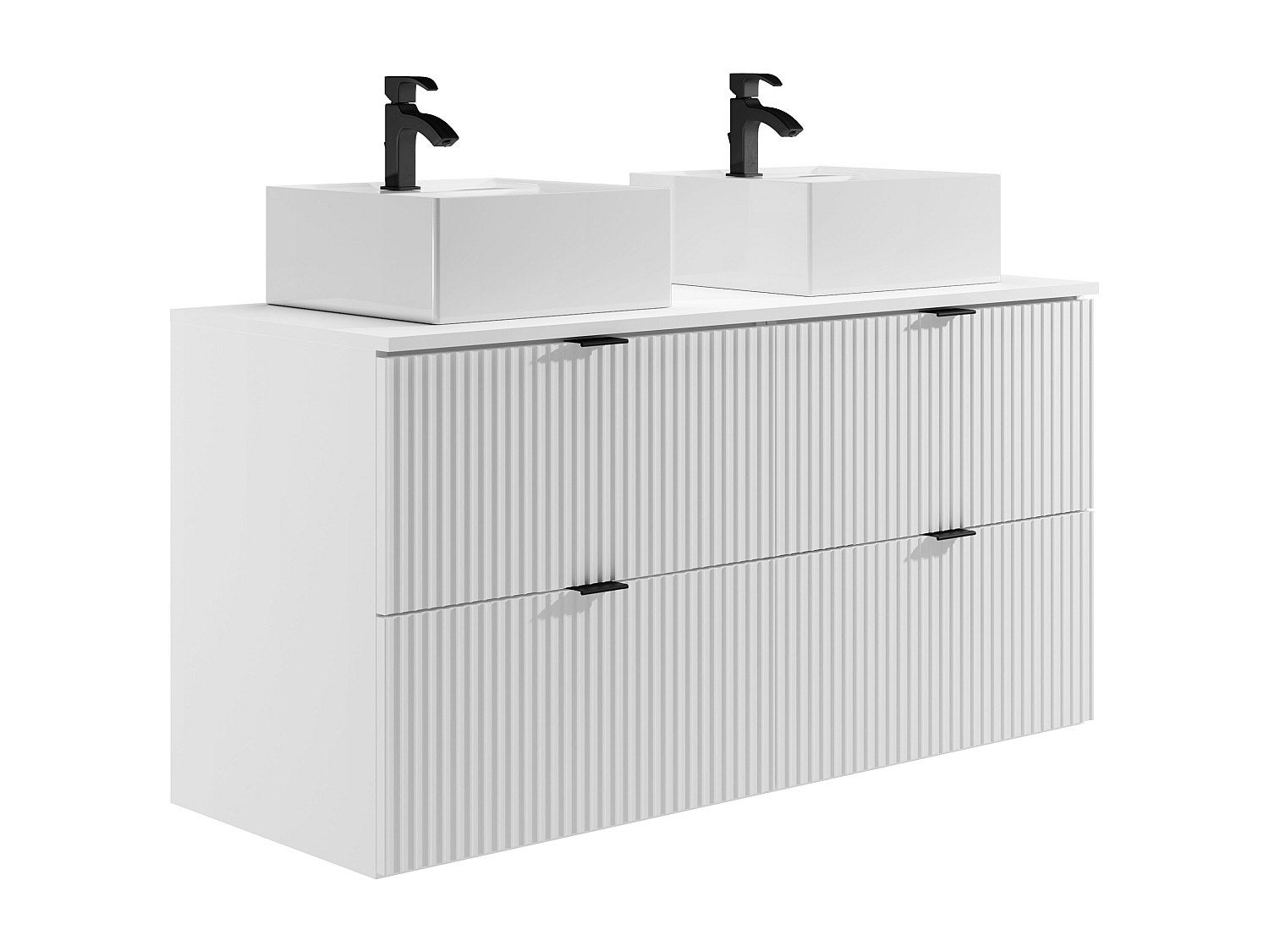 Wisząca ryflowana szafka łazienkowa z okrągłą umywalką nablatową kwadratową - Biały mat - 120 cm - ZEVINI