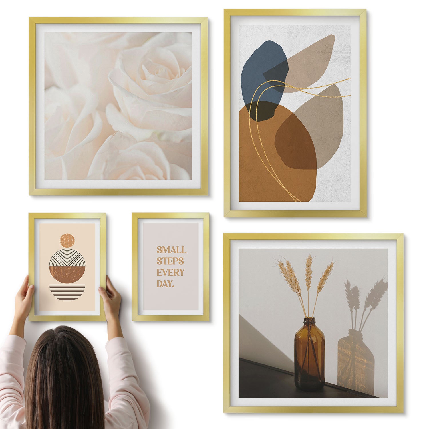 Galeria ścienna 5-częściowy komplet obrazów w złotych ramach - Dekoracyjne kompozycje w stylu boho z roślinnymi akcentami - ArtPrintCave