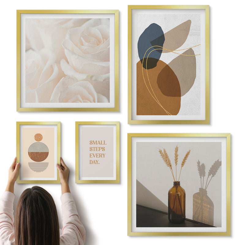 Galeria ścienna 5-częściowy komplet obrazów w złotych ramach - Dekoracyjne kompozycje w stylu boho z roślinnymi akcentami - ArtPrintCave