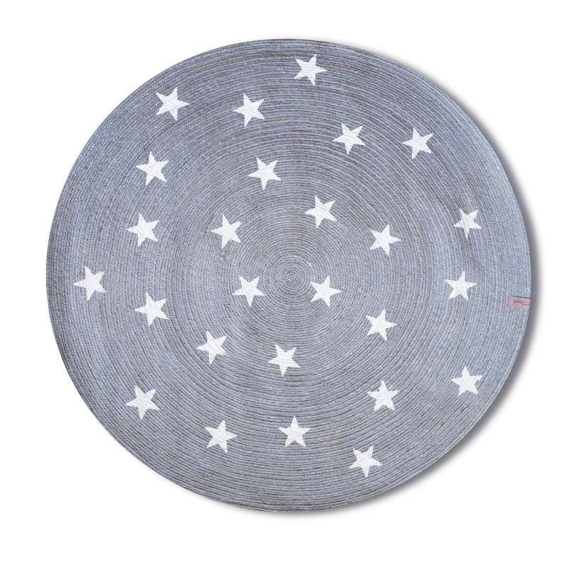 Okrągły dywan jutowy Vintage Grey Stars 90 cm szary w gwiazdy ręcznie wykonany