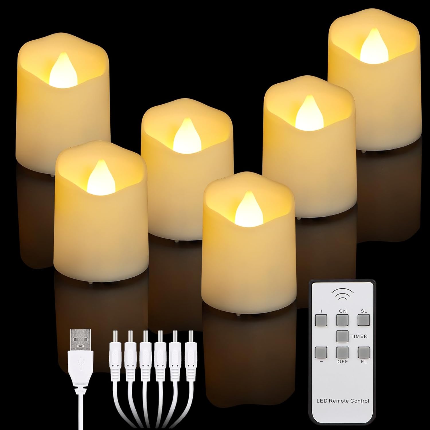 6 ładowalnych świec LED USB z pilotem zdalnego sterowania, bezpłomieniowe, ściemnialne świece elektryczne na Boże Narodzenie i Halloween