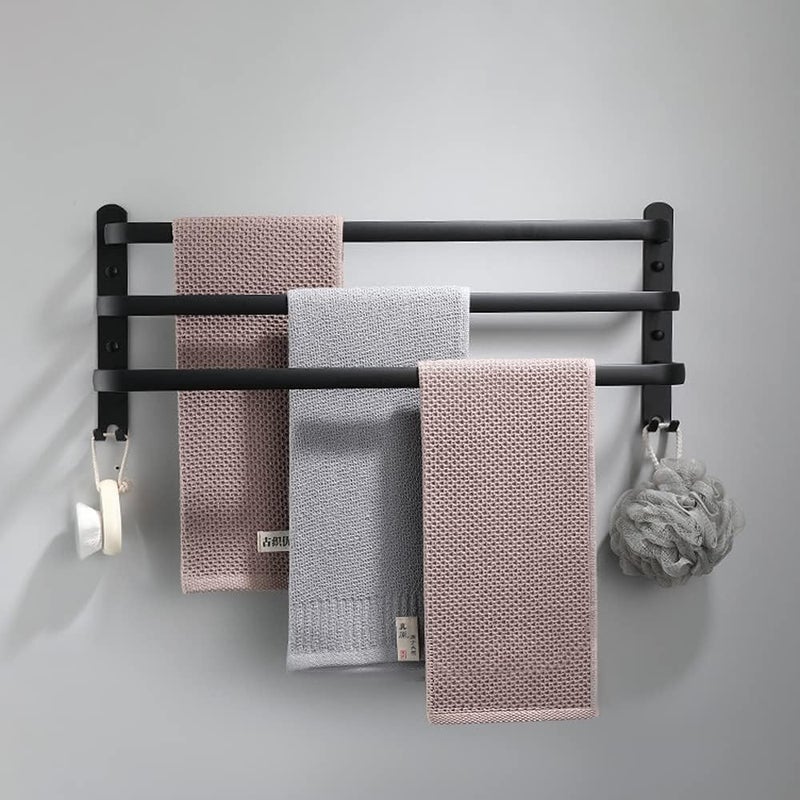 Wieszak na ręczniki ścienny, uchwyt na ręczniki łazienkowe, półka na ręczniki z haczykami, aluminiowy wieszak na ręczniki (czarny, 50 cm)
