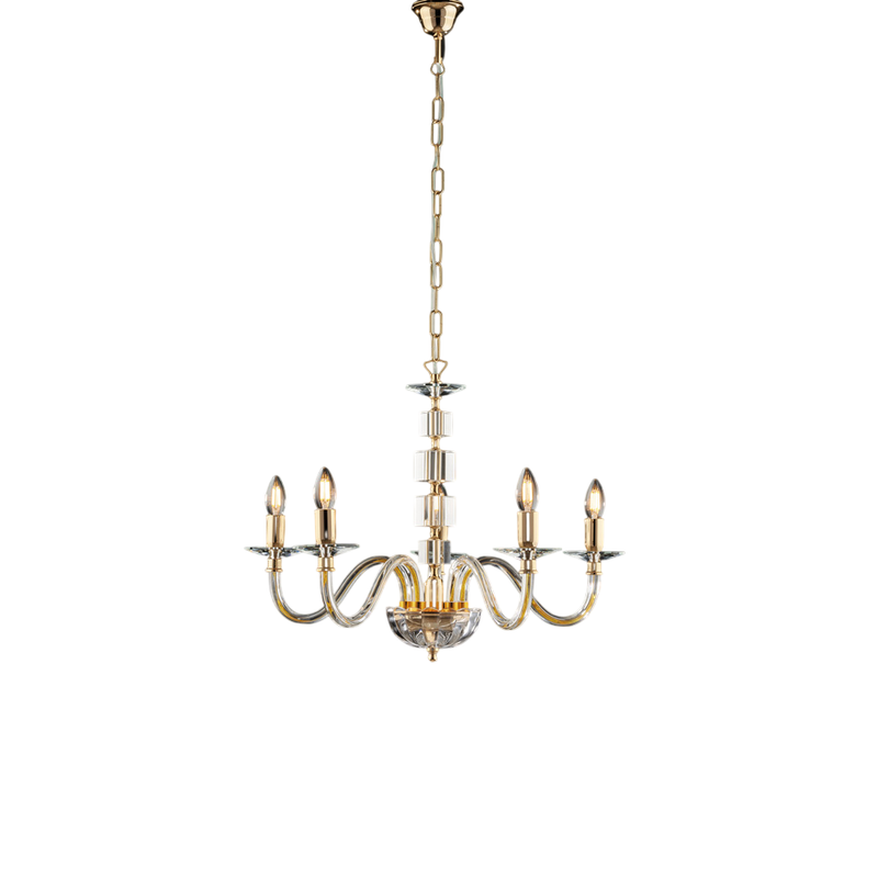 Lampadario in oro con vetro trasparente e strass 5 luci H.50 - MAX 110 - Ø60