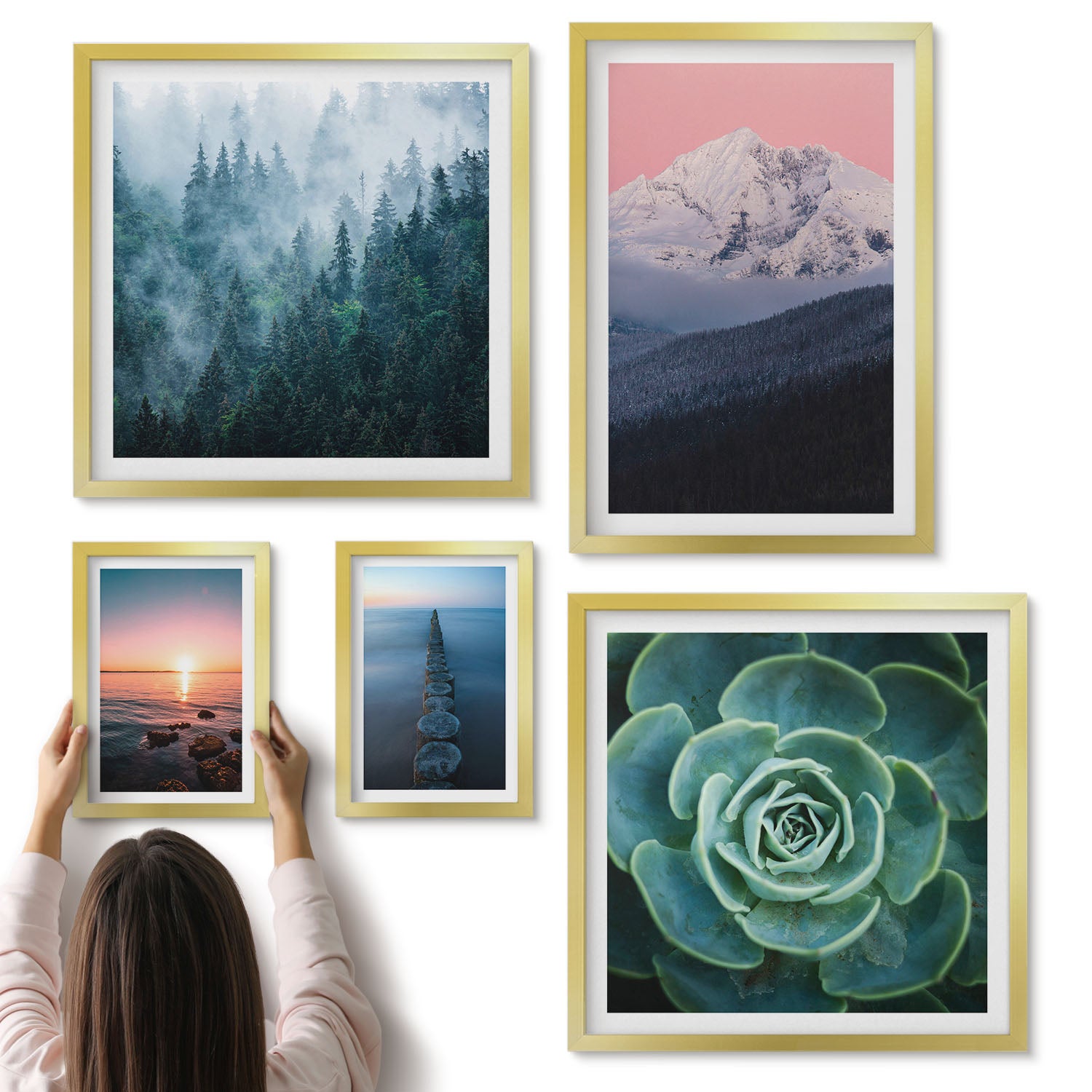 Galeria ścienna 5-częściowy komplet obrazów w złotych ramach - Naturalne krajobrazy góry morza rośliny w stylu boho - ArtPrintCave