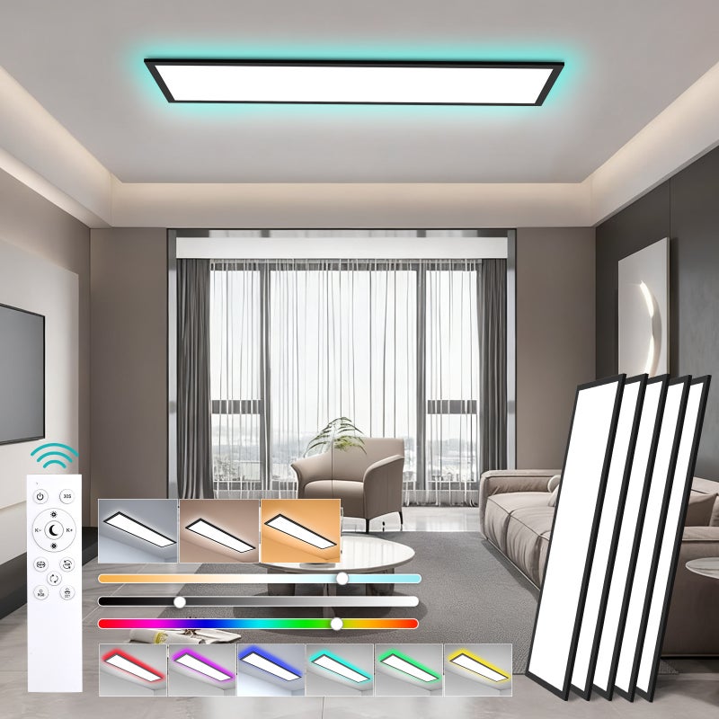 LOVHAUS 5PCS Lampa Sufitowa LED 30W Czarna 100x25 cm, Panel LED Sufitowy Prostokątny Ściemniający RGB do Salonu, Biura, Kuchni Wewnętrznej z Pilotem