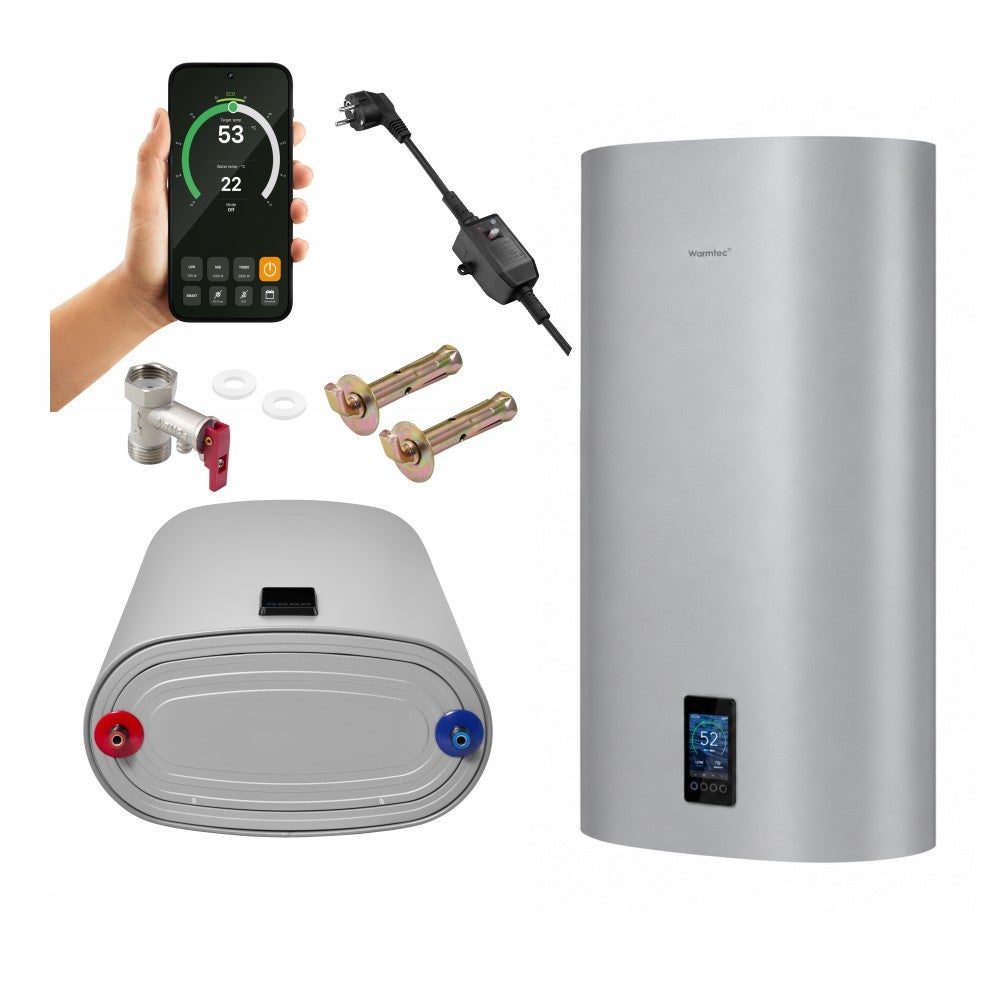 Bojler elektryczny 80l Wi-Fi pionowy/poziomy srebrny pojemnościowy kolorowy wyświetlacz Warmtec BPC80