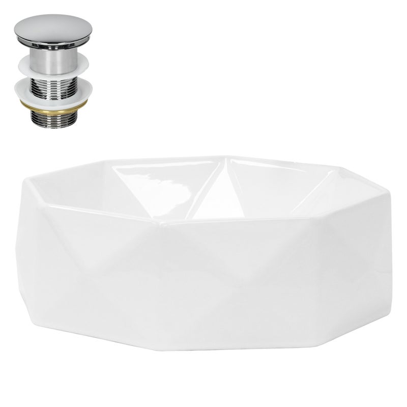 ML-Design Umywalka ceramiczna biala polyskujaca Ø42x13,5cm z odplywem wzór w ksztalcie diamentu nablatowa bez przelewu Nowoczesna miska umywalkowa