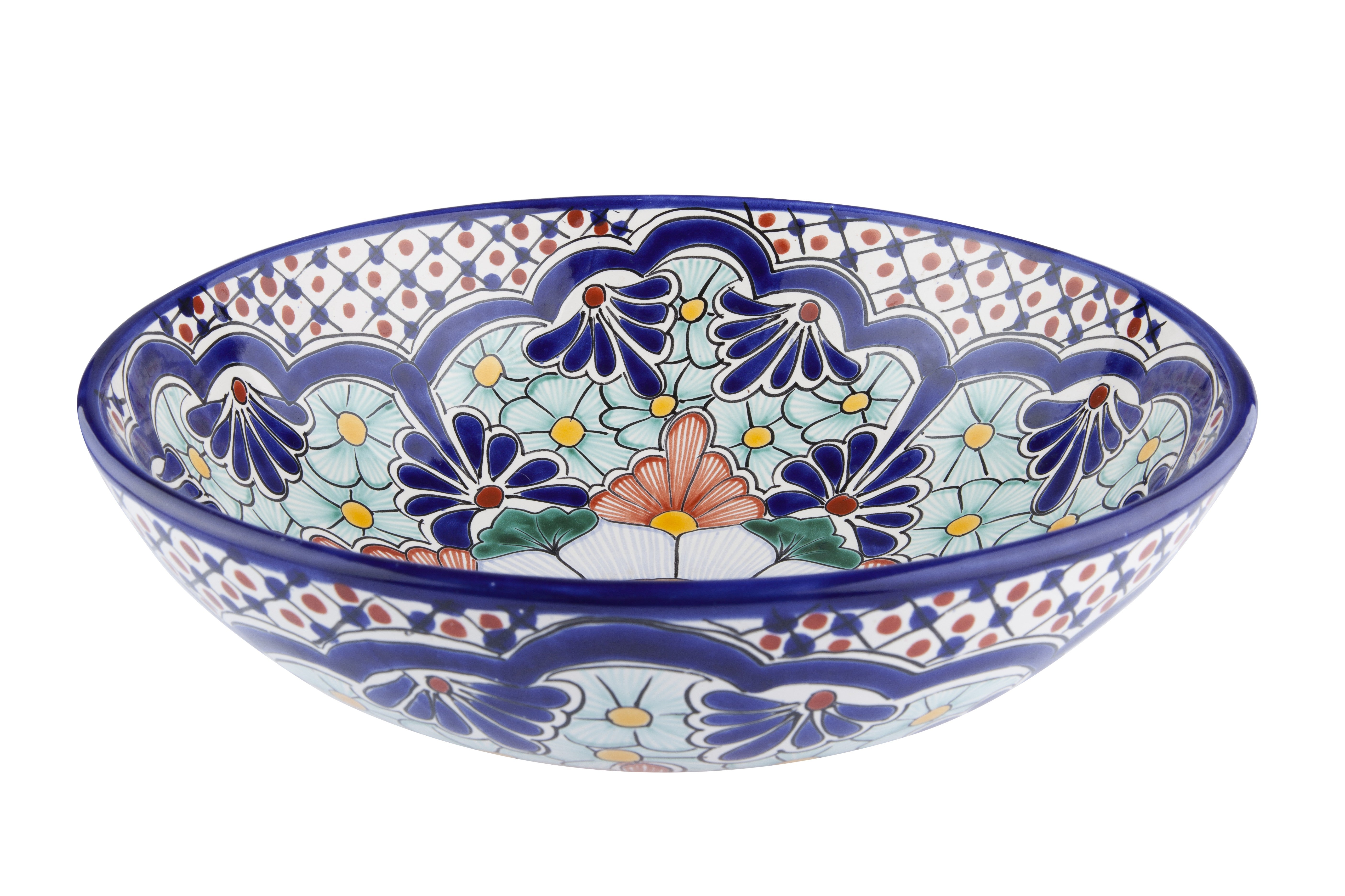 Meksykańska ceramiczna umywalka nablatowa Danica – okrągła umywalka łazienkowa 44 x 13,5 cm | Ręcznie wykonana umywalka z motywami Talavera