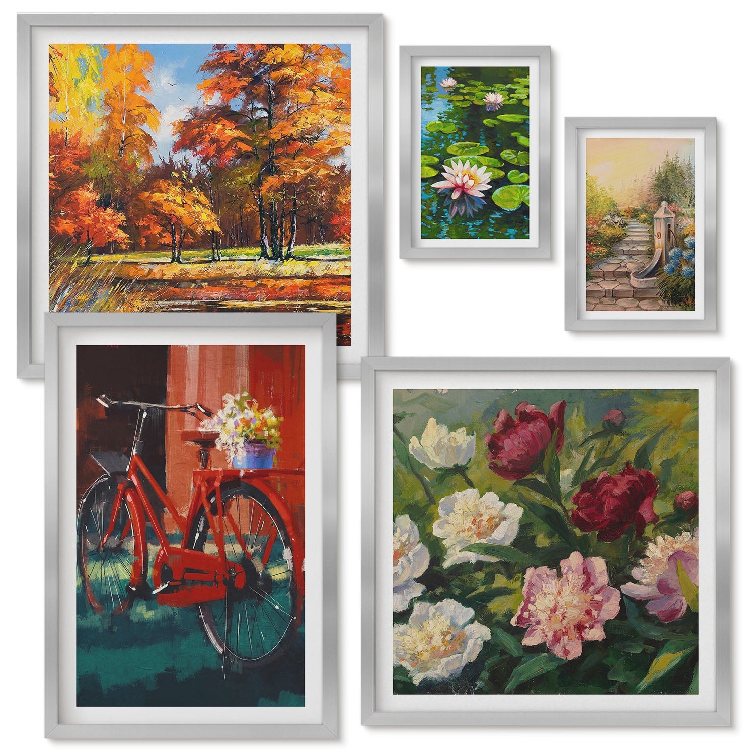 Zestaw obrazów w ramie - 5 części | Kwiatowe inspiracje z rowerem i malowniczymi krajobrazami | Srebrna ramka