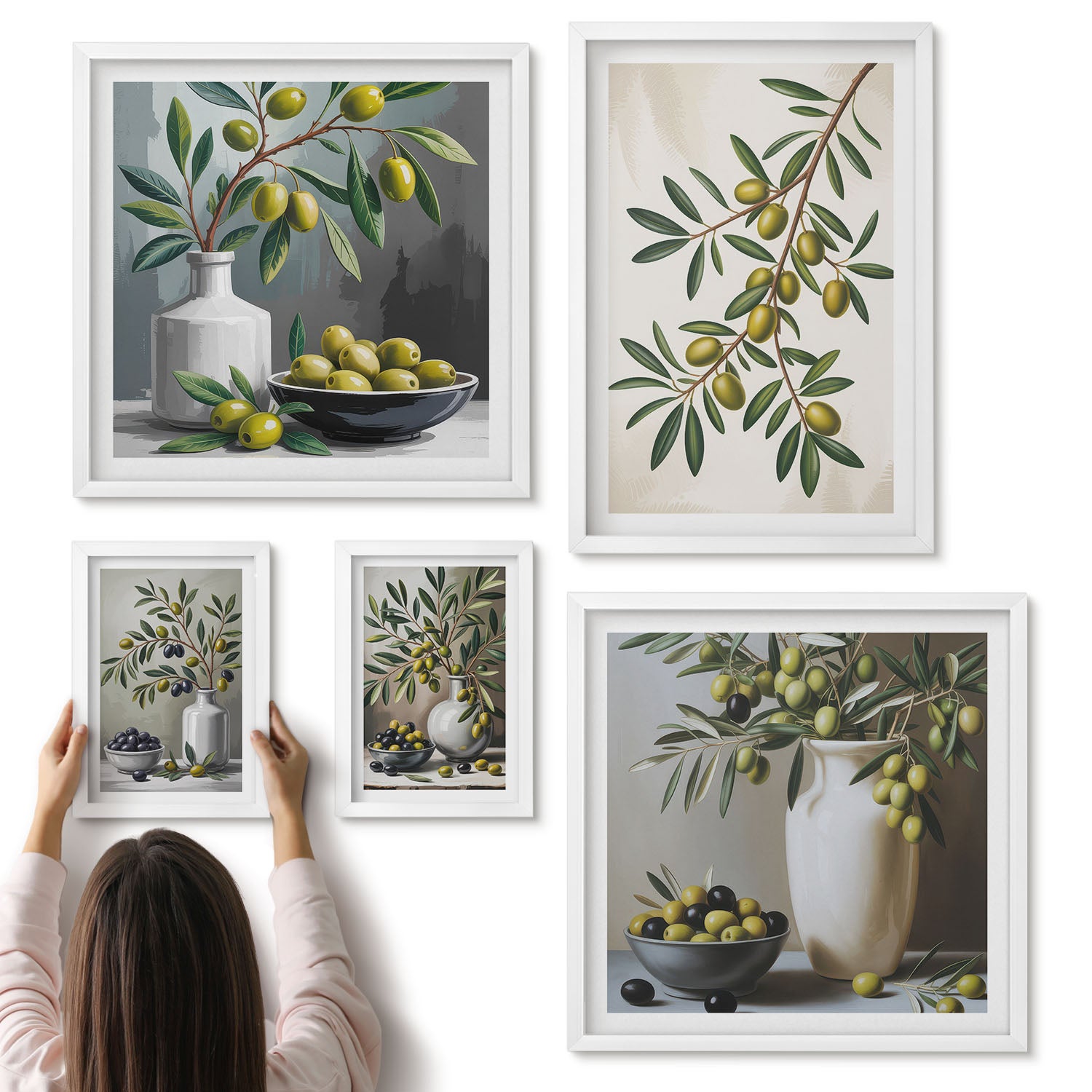 Galeria ścienna 5-częściowy komplet obrazów w białych ramach - Oliwne akcenty w stylu rustykalnym do wnętrz - ArtPrintCave
