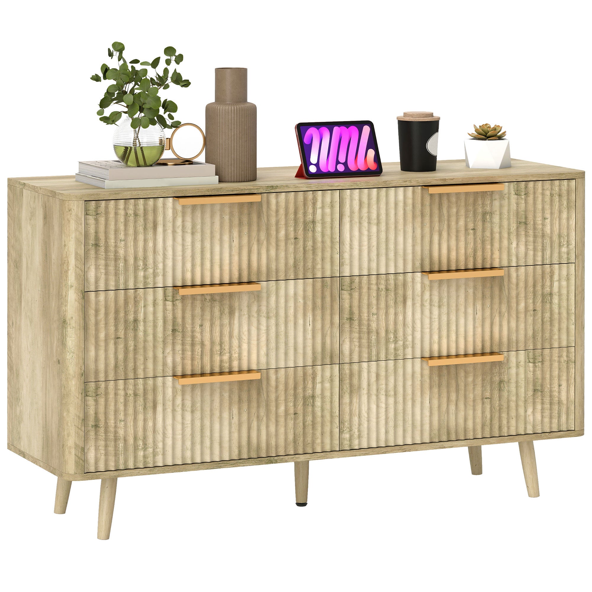 Komoda w stylu skandynawskim z 6 szufladami, z uchwytami i nogami z drewna sosnowego, do sypialni, salonu, przedpokoju, 120x40x76 cm, dąb