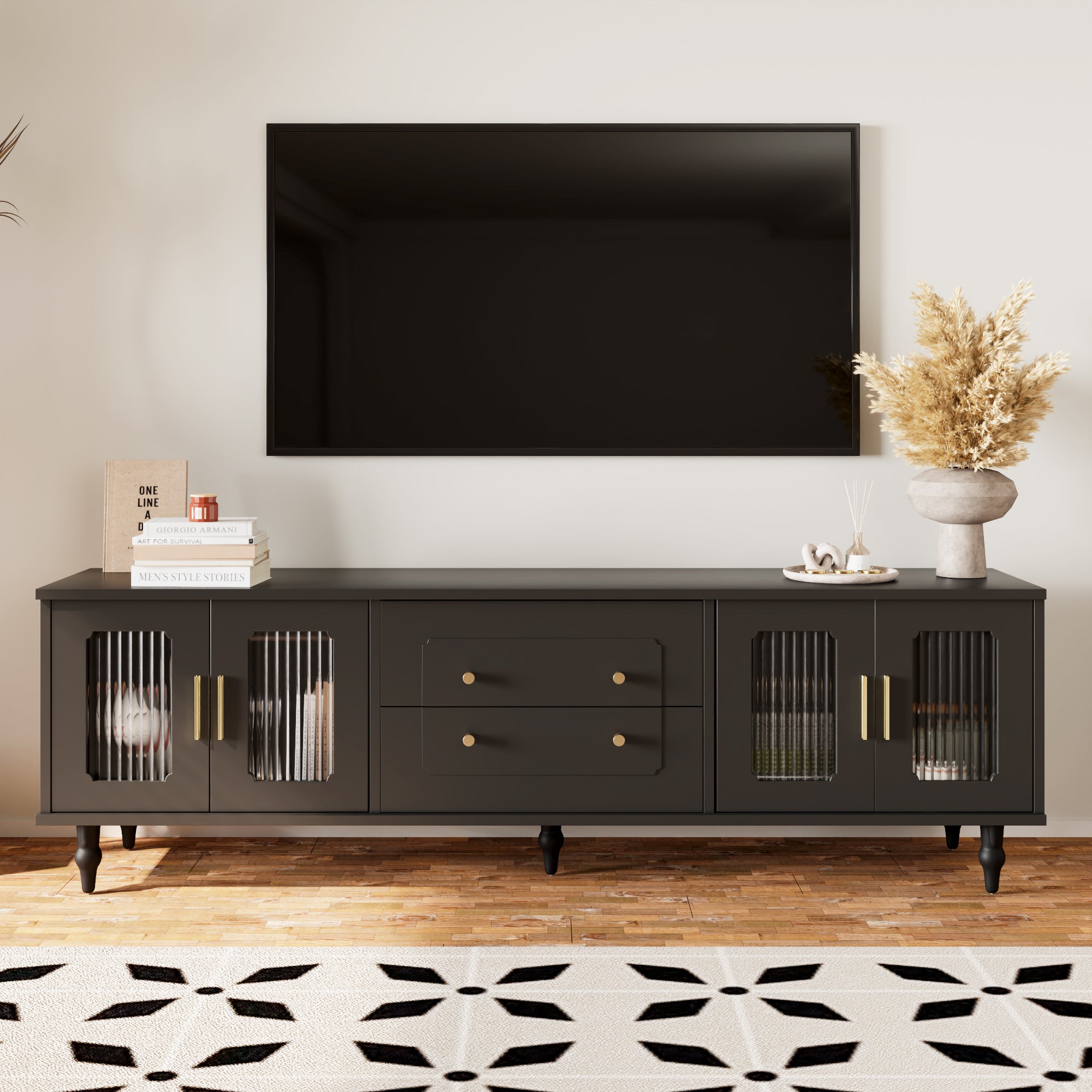 TV-Meble Retro z Złotymi Grifami - Schrank z Płytą Szkła, 175x38x55,5 cm, Czarny