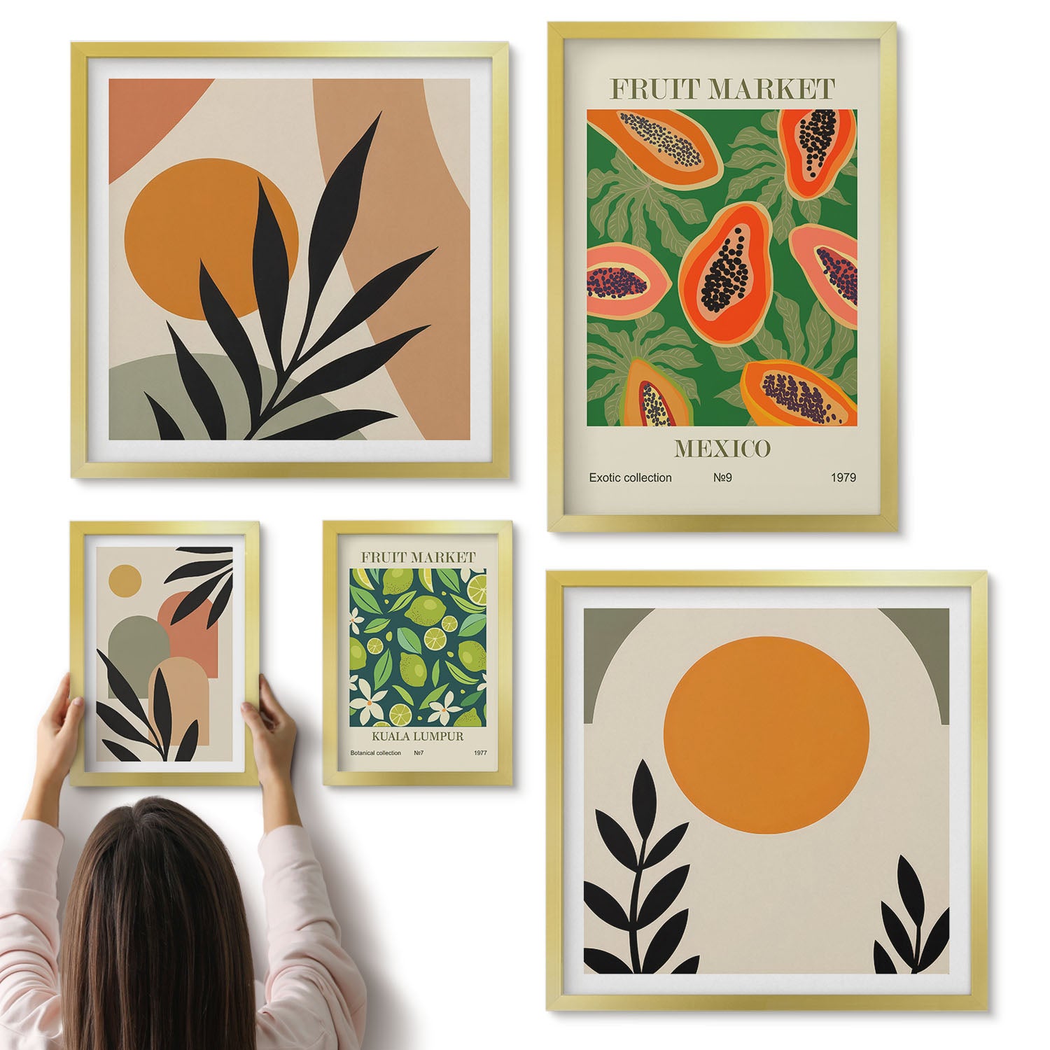 Galeria ścienna 5-częściowy komplet obrazów w złotych ramach - Tropikalne owoce w stylu retro z egzotycznymi motywami - ArtPrintCave