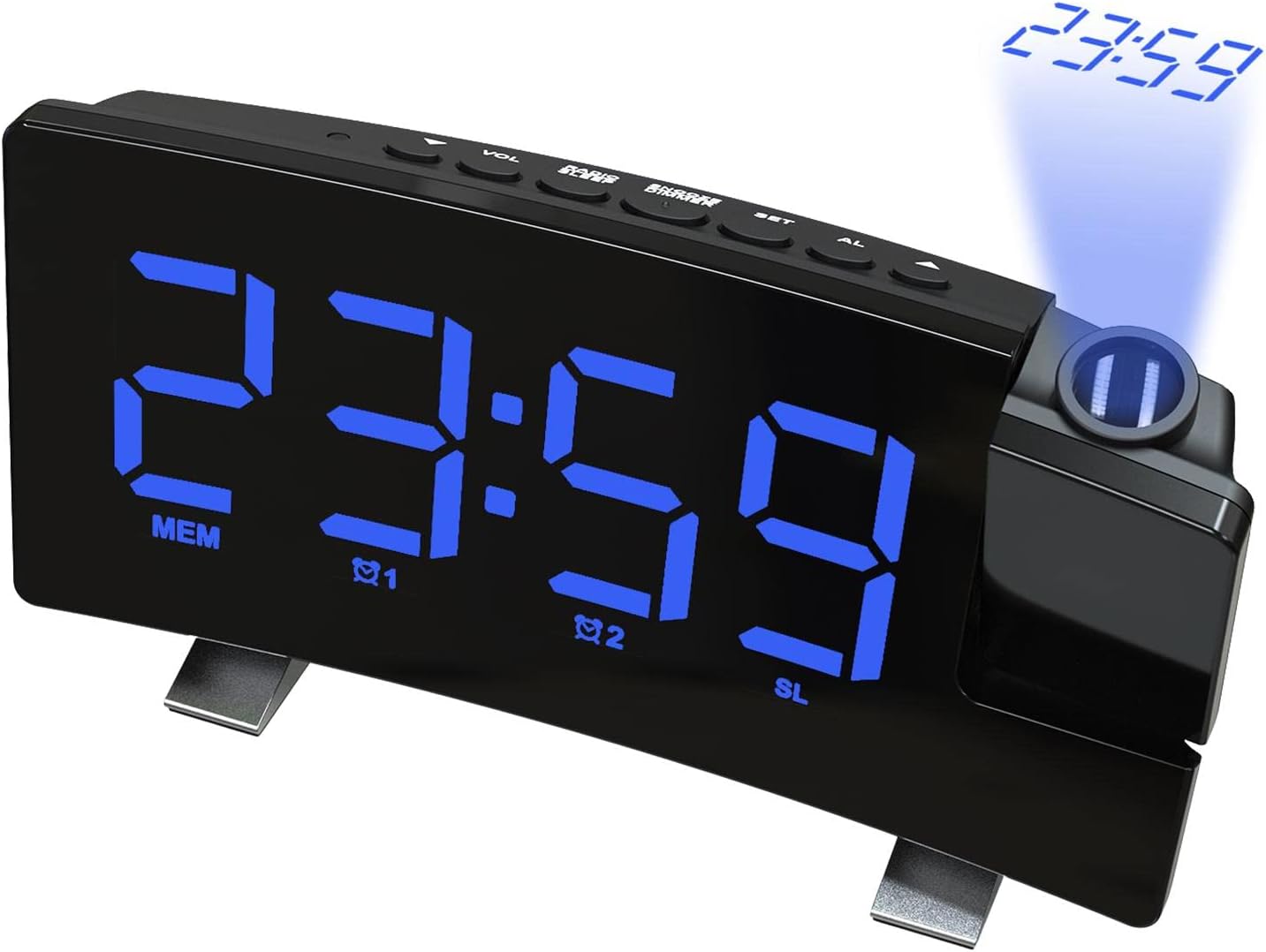 Budzik projekcyjny, cyfrowy budzik LED, radiobudzik, ładowanie USB, drzemka, podwójny alarm, radio FM, mały budzik do domu/sypialni