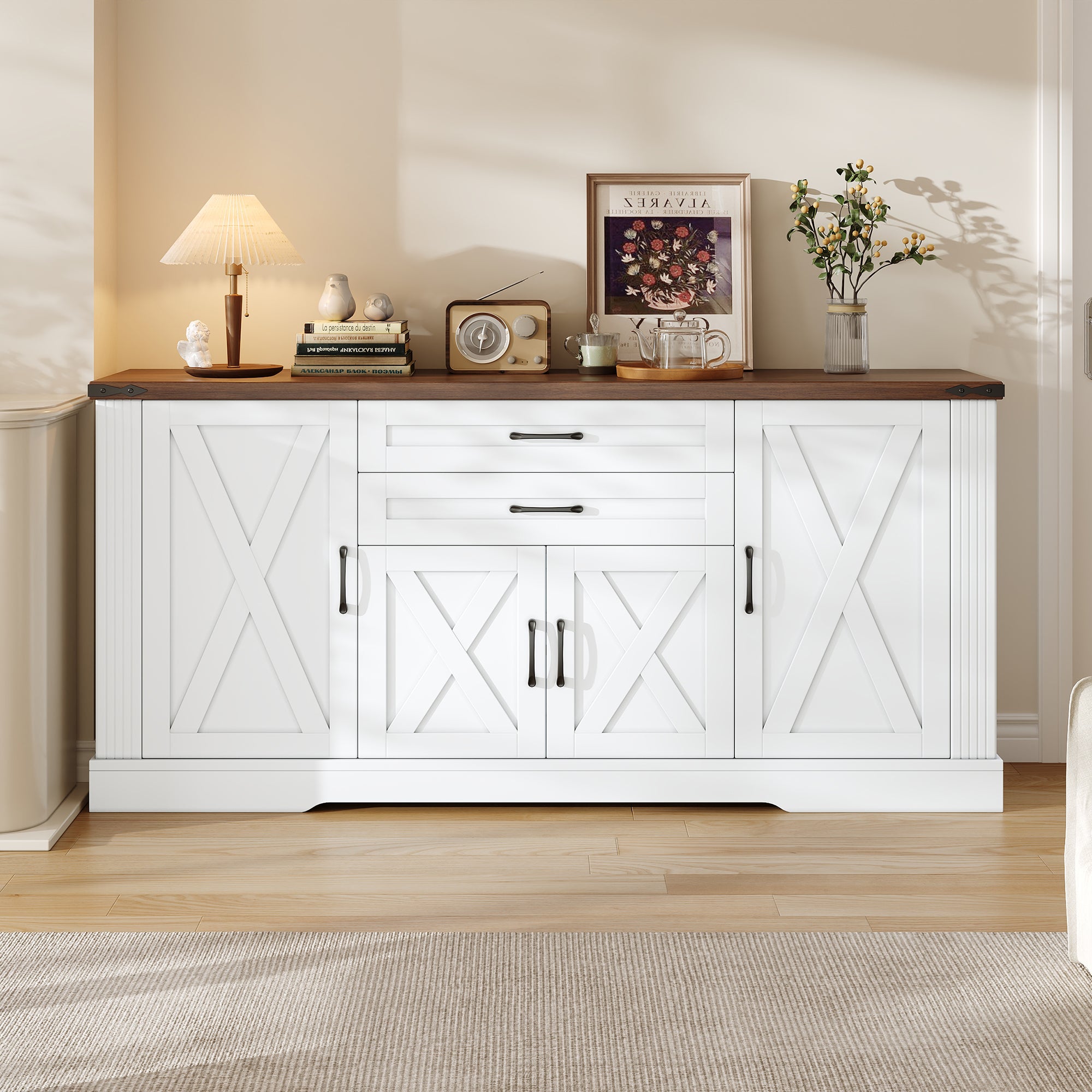 Komoda z blatem 160x39x81,5 cm - Z 4 drzwiami i 2 szufladami - Regulowane półki - Płyta MDF - Biała