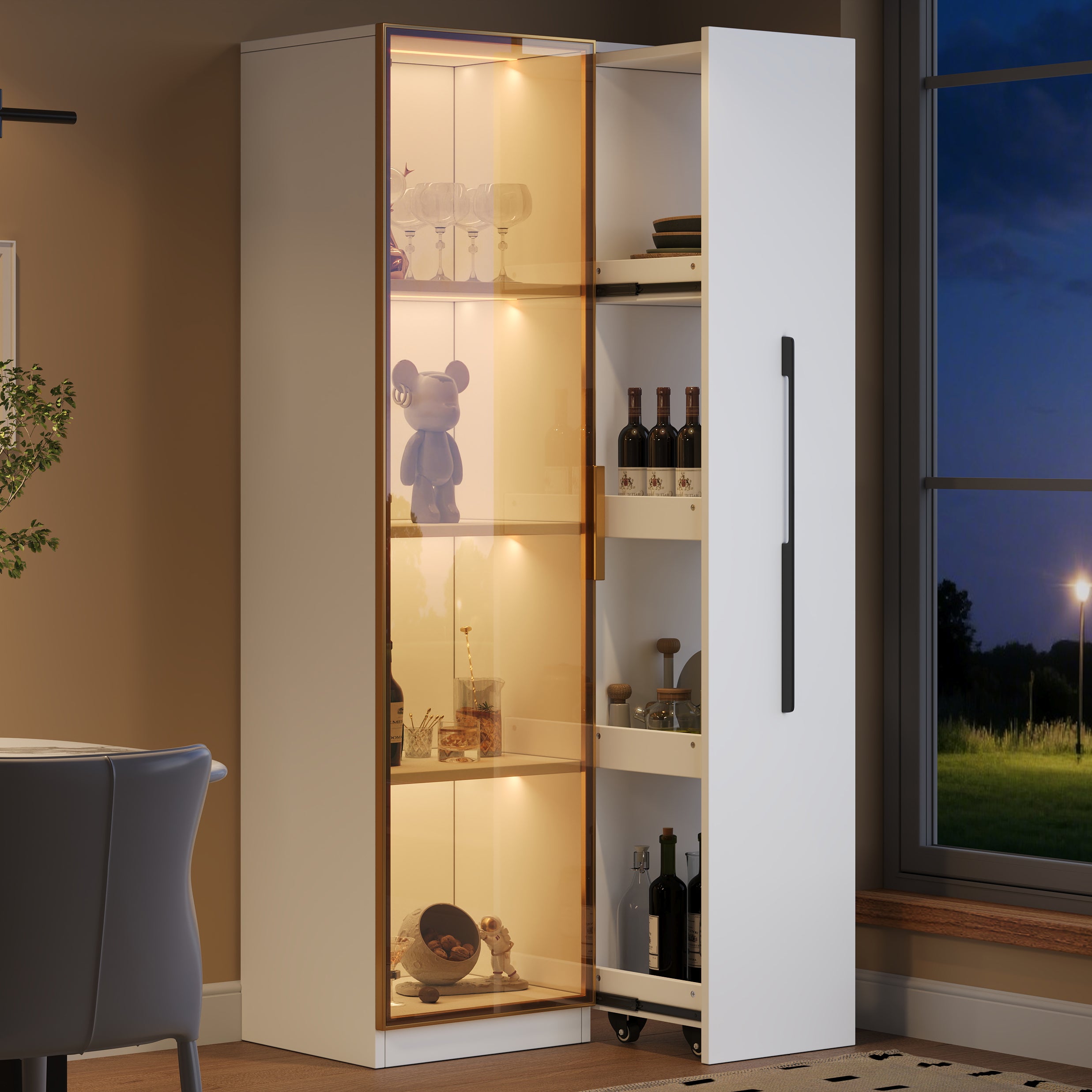 Witryna podświetlana LED 70x40x160 cm - 1 szklane drzwi i 1 przesuwana szuflada boczna - Kółka - Płyta MDF + szkło - Biała