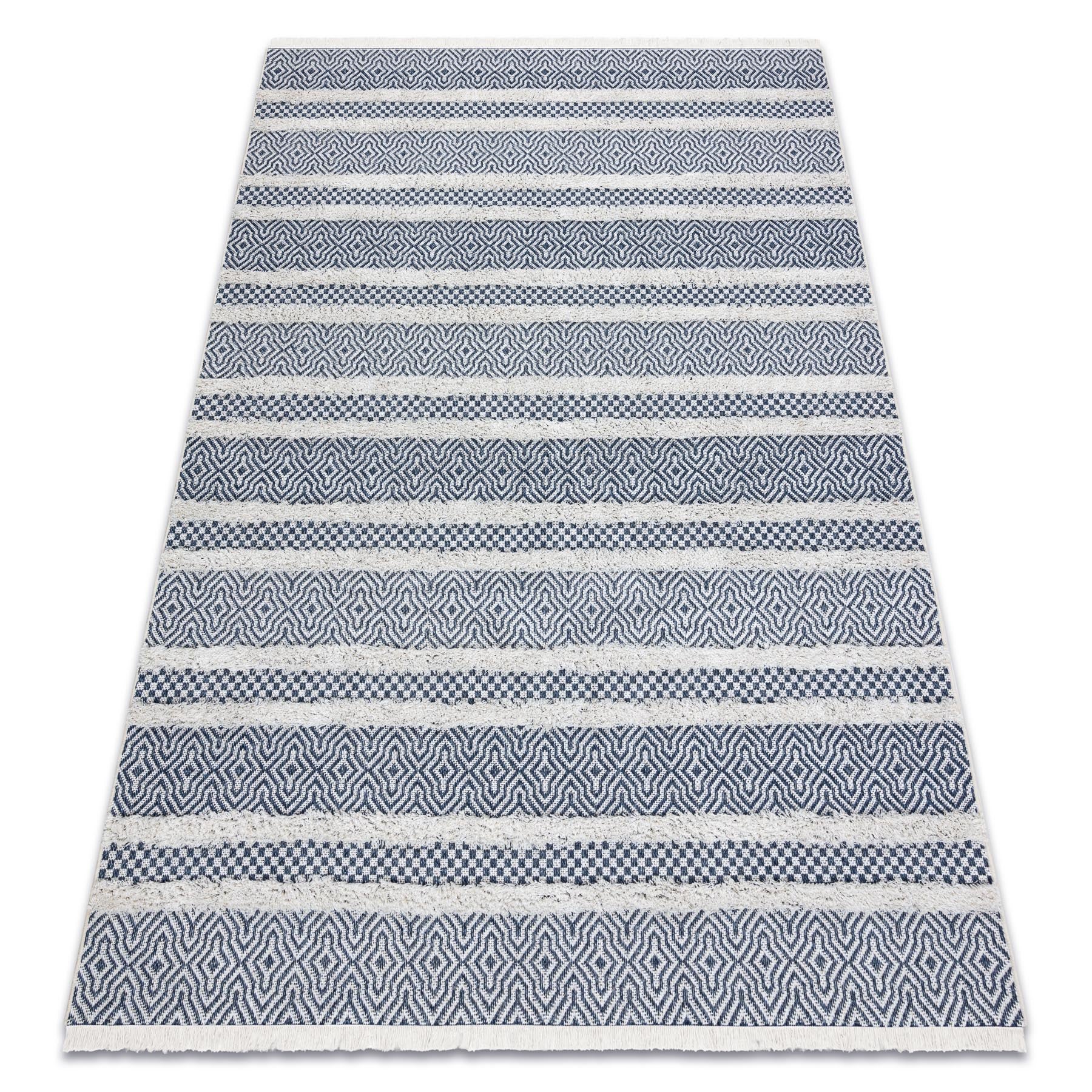 Dywan MOROC Linie 22328 Ekologiczny, EKO SIZAL frędzle - dwa poziomy runa krem / granatowy, dywan z bawełny recyklingowanej 175x270 cm