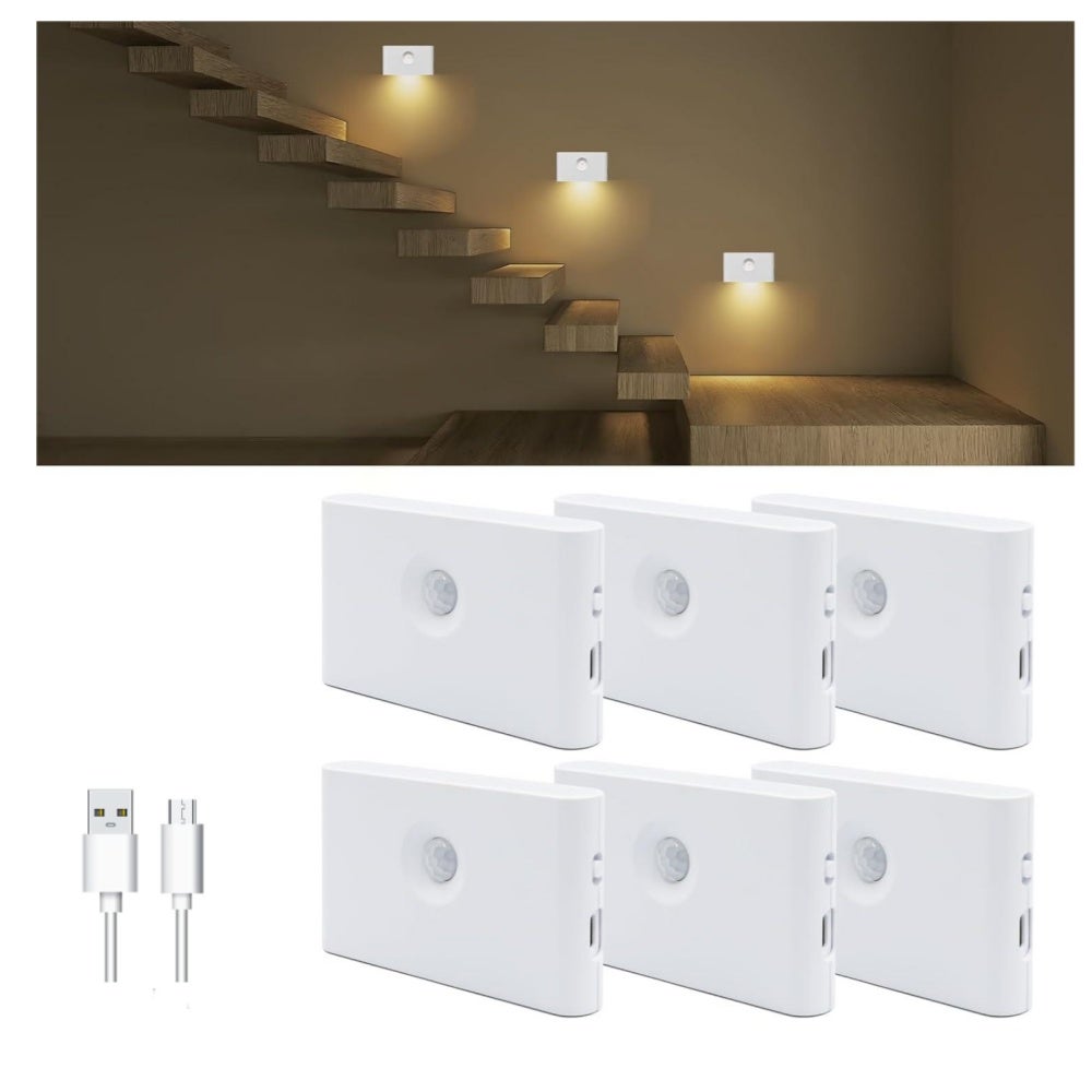 6-częściowy zestaw lampek nocnych LED z czujnikiem ruchu, ładowane przez USB oświetlenie schodów LED, 3000 K ciepła biel, lampka nocna dla dzieci do s