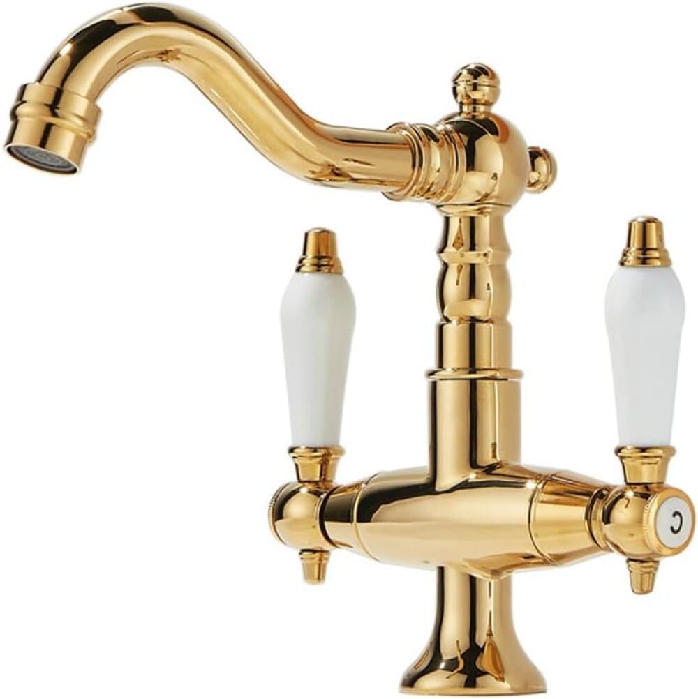 Bateria umywalkowa Retro Gold – mosiężna z dwoma uchwytami, wylewka obrotowa 360°, ciepła i zimna woda
