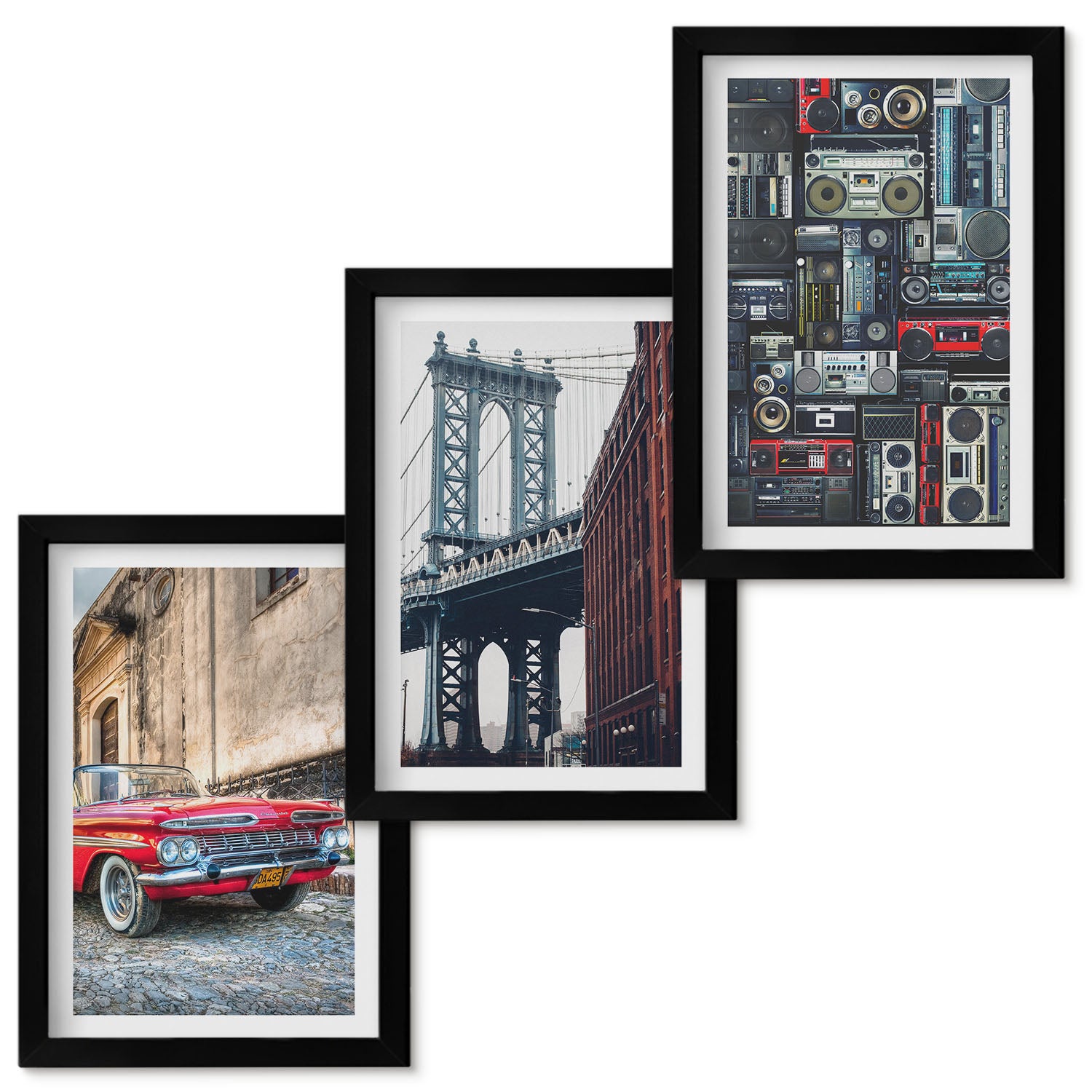 Zestaw obrazów w ramie - 3 części | Stare auto na ulicy most Brooklyn i retro sprzęt audio | Czarna ramka