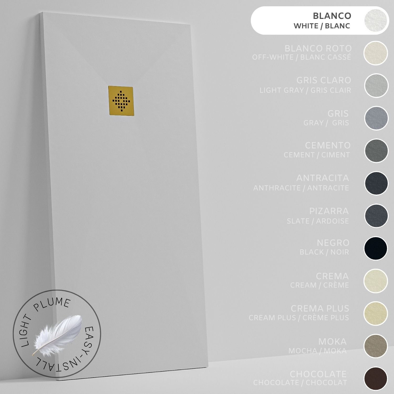 SOULHOME Lekki Brodzik z Żywicy tekstura Łupka biały – 160X70- cm Ultra-płaski Zawiera Syfon i Kratkę Gold