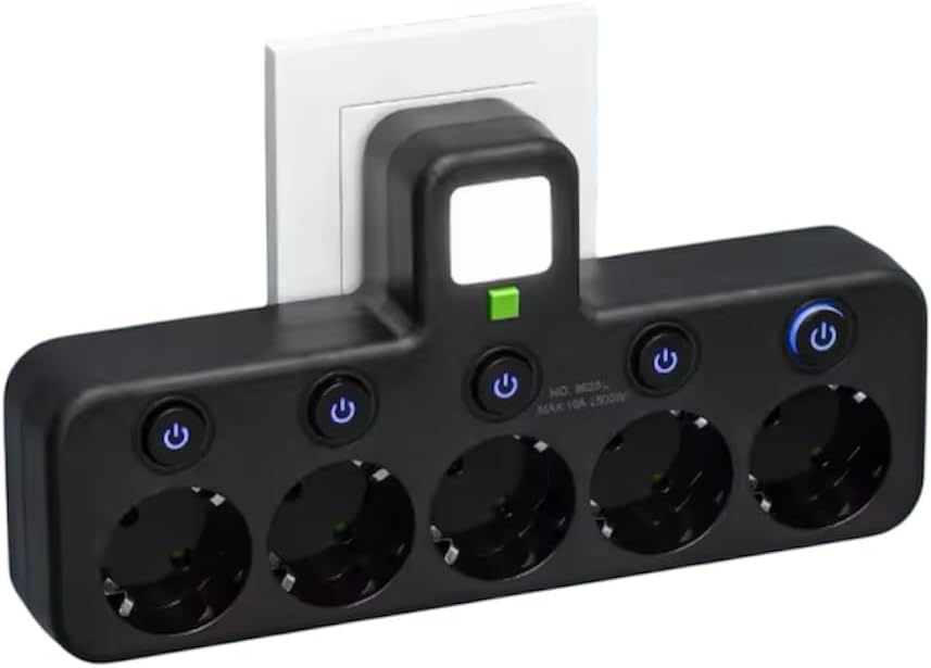 (5 czarnych gniazdek) Listwa zasilająca montowana na ścianie z 4 gniazdami EU, 2 portami USB, 1 portem typu C, indywidualnymi przełącznikami