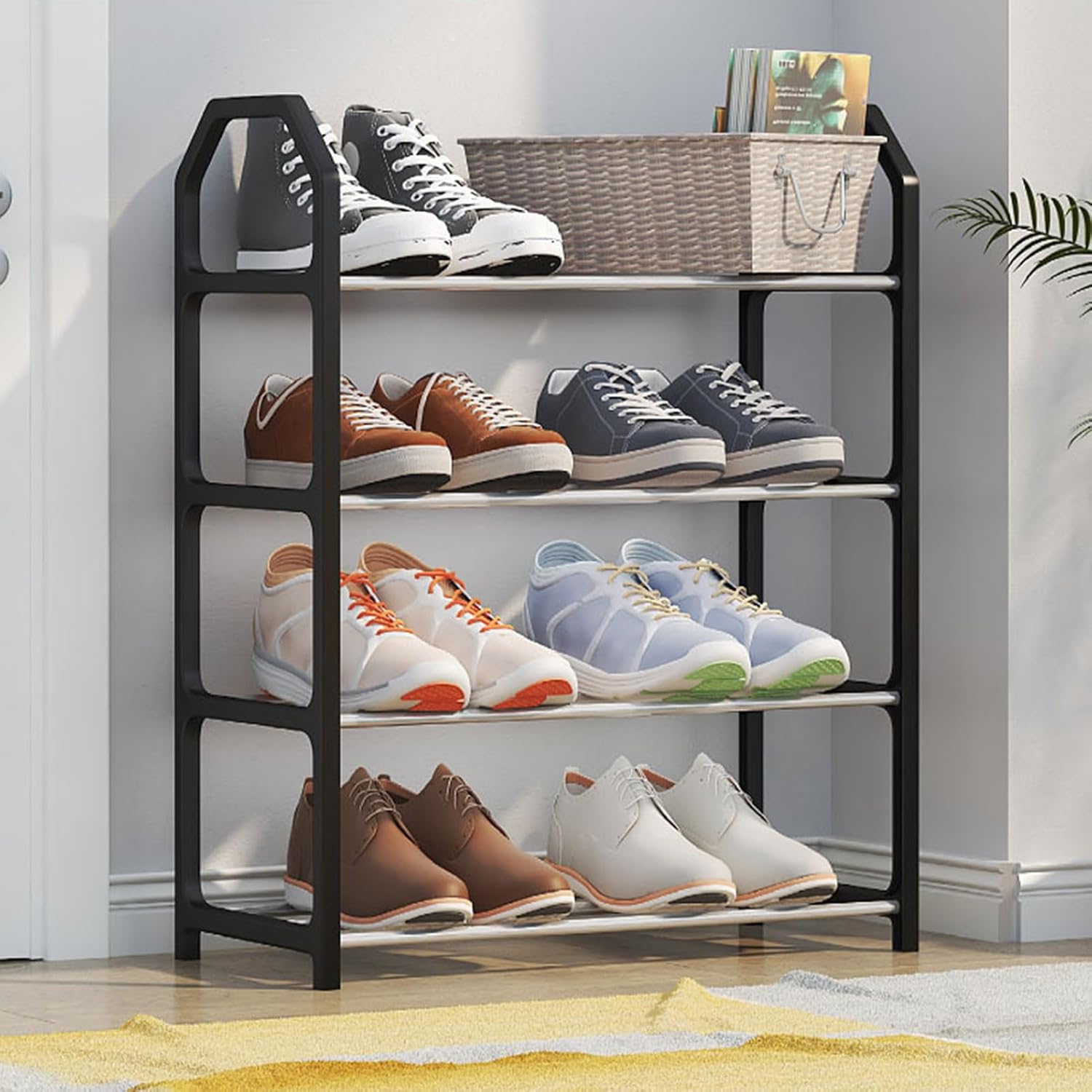 Czarny, 4-poziomowy stojak na buty, organizer na buty, metalowy stojak na buty, uchwyt na buty, jednostka do przechowywania, 41 x 18,5 x 50,5 cm, pla