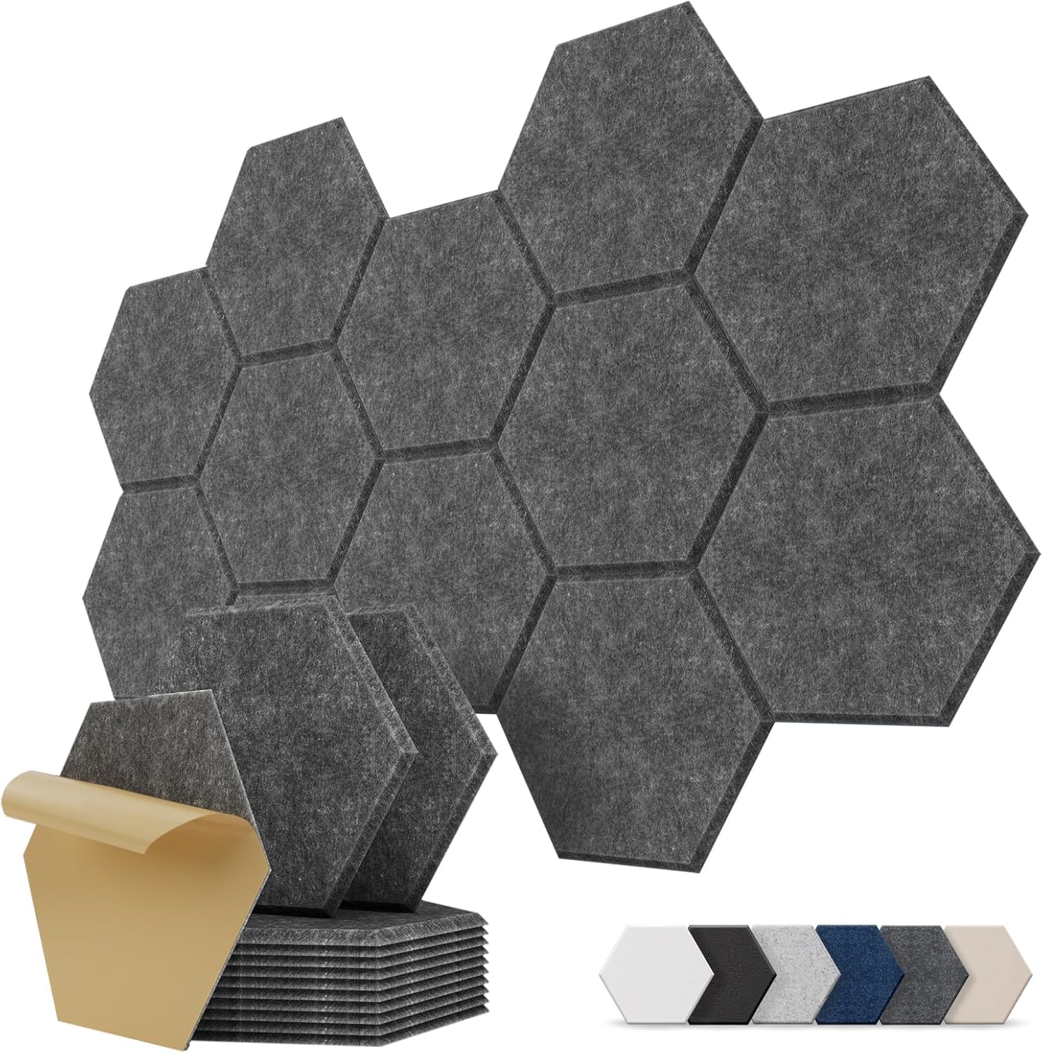 Samoprzylepne panele akustyczne o kształcie sześciokąta, opakowanie 12 sztuk, panel akustyczny o wysokiej gęstości, 30 x 26 x 0,9 cm, kolor ciemnosza